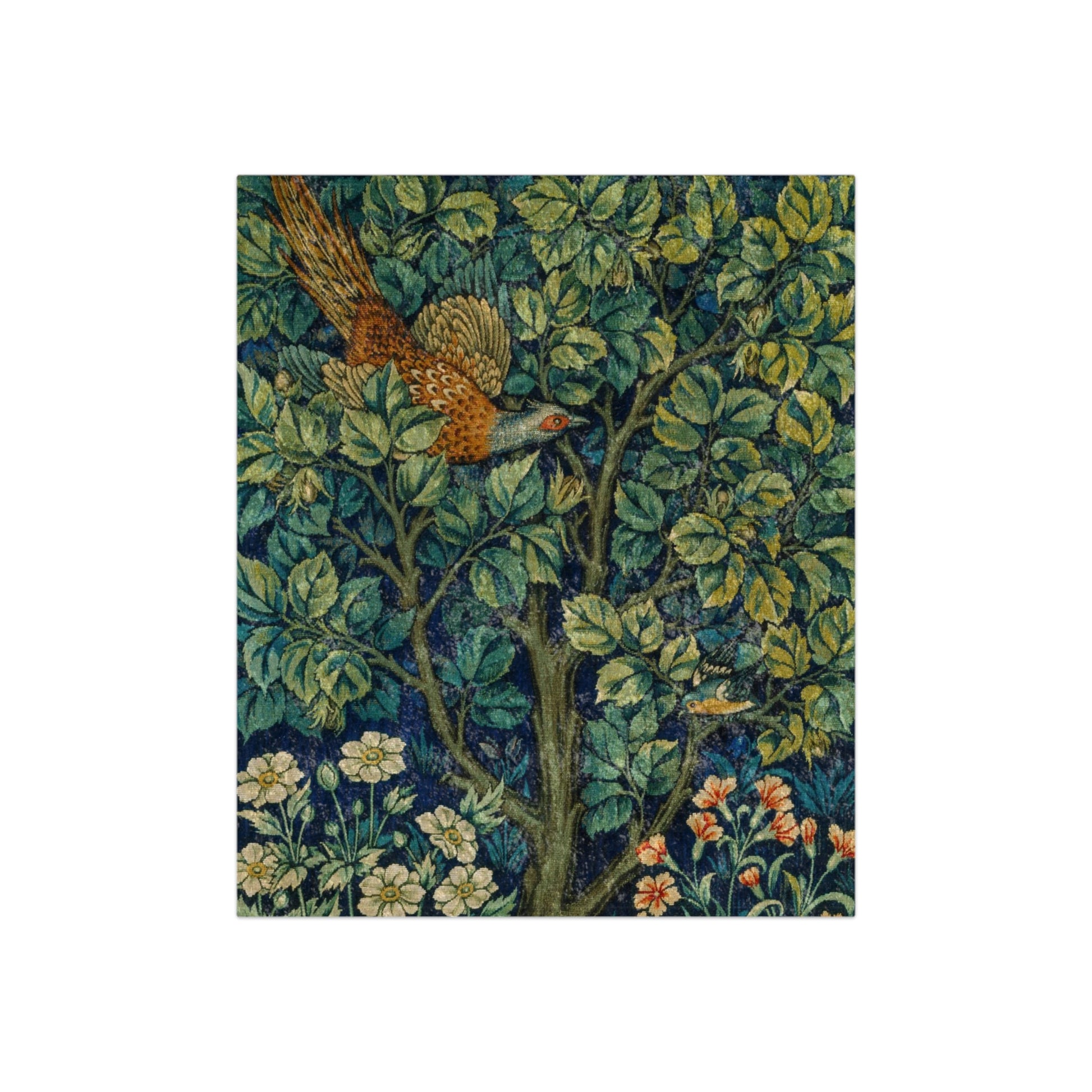 A section of a lush crushed velvet blanket featuring a floral and pheasant design inspired by William Morris.