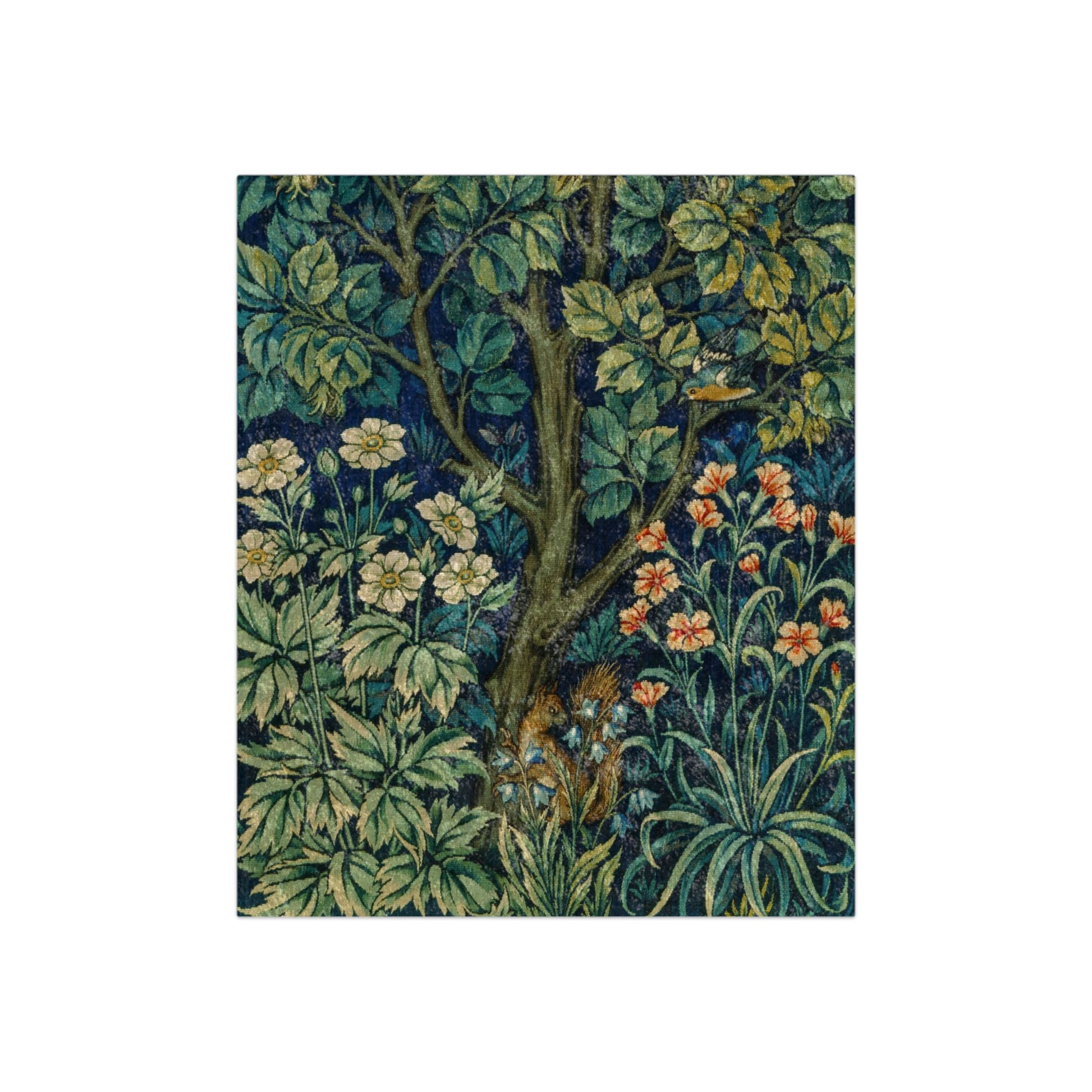 A lush crushed velvet blanket with a floral and animal pattern inspired by William Morris, featuring a rich display of greenery and orange flowers.