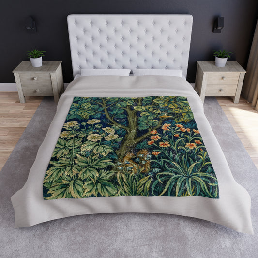 A lush crushed velvet blanket with a floral William Morris & Co  and squirrel motifs, hemmed edges, displayed unfolded.
