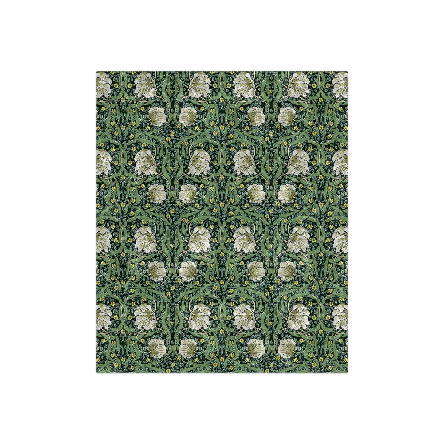 A lush crushed velvet blanket with a green floral pattern inspired by William Morris, from the Pimpernel Collection.