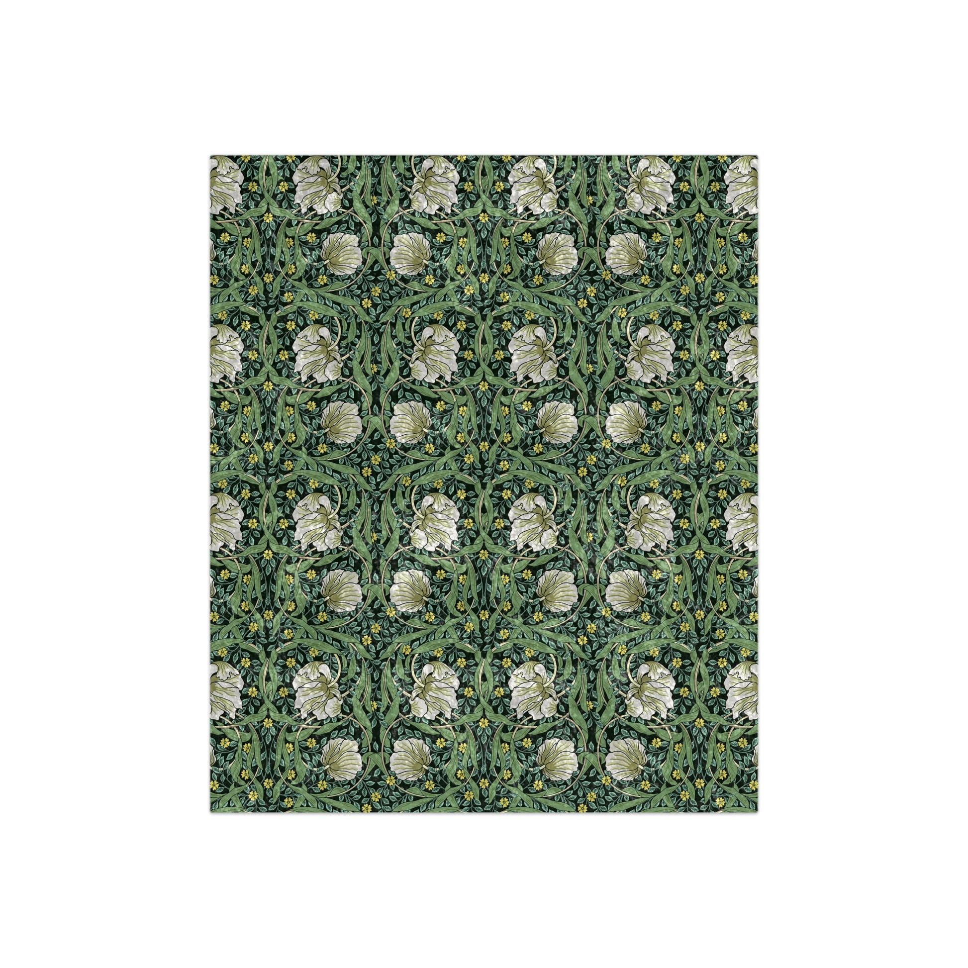A lush crushed velvet blanket with a green floral pattern inspired by William Morris, from the Pimpernel Collection.