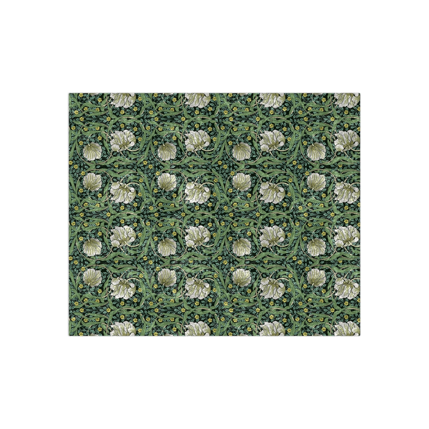 A lush crushed velvet blanket in green with a William Morris & Co floral pattern, hemmed edges, and a silky finish.