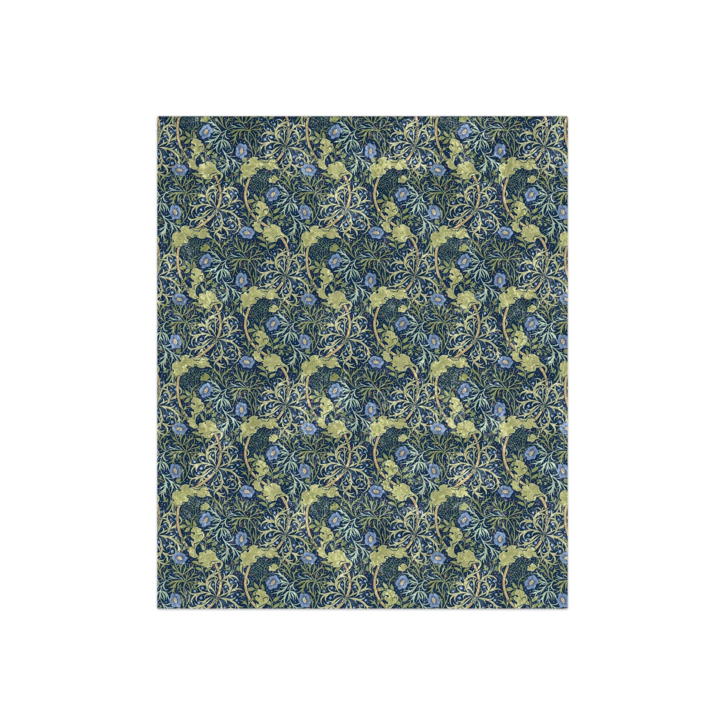 A plush blue floral patterned velvet blanket with hemmed edges and a silky finish.