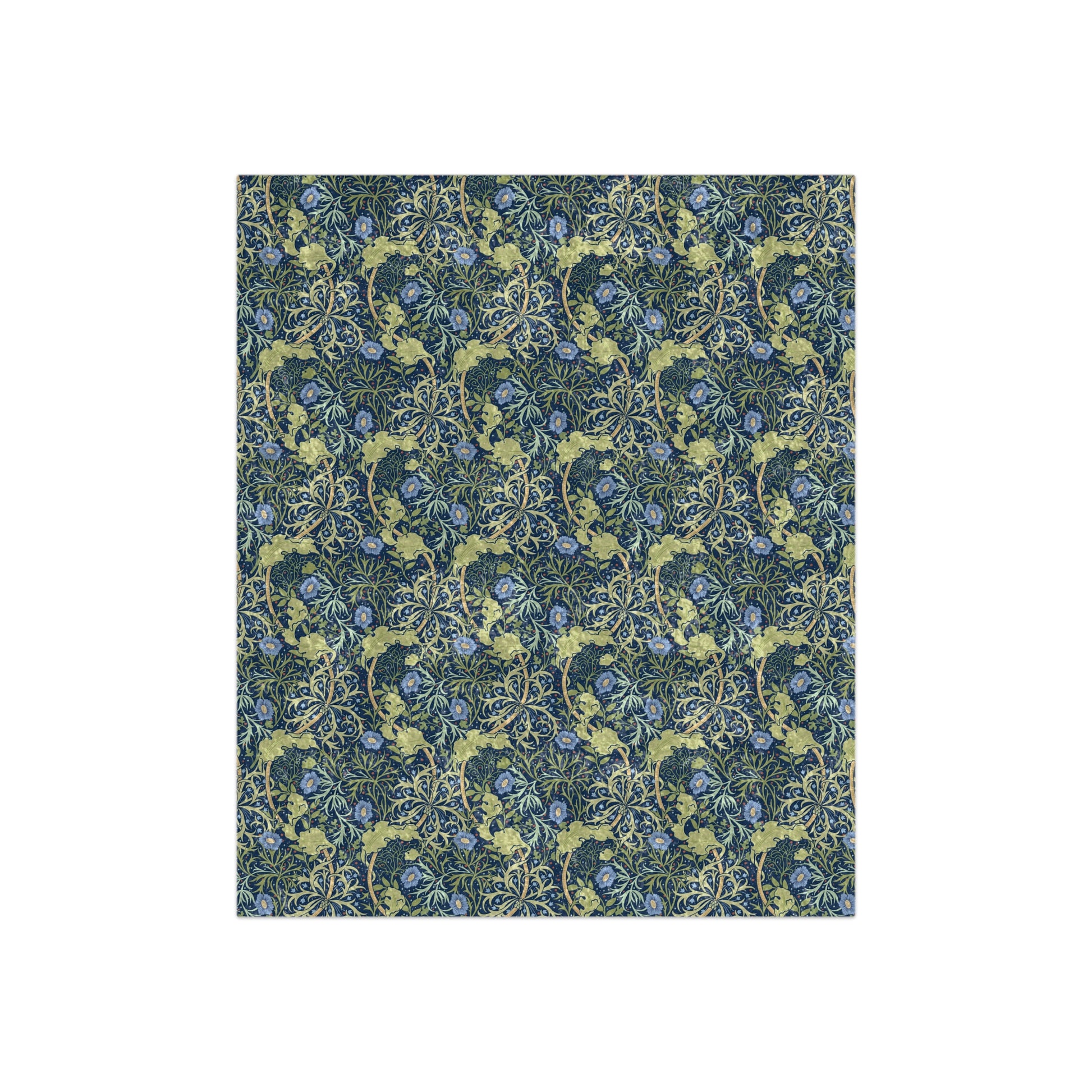 A plush blue floral patterned velvet blanket with hemmed edges and a silky finish.
