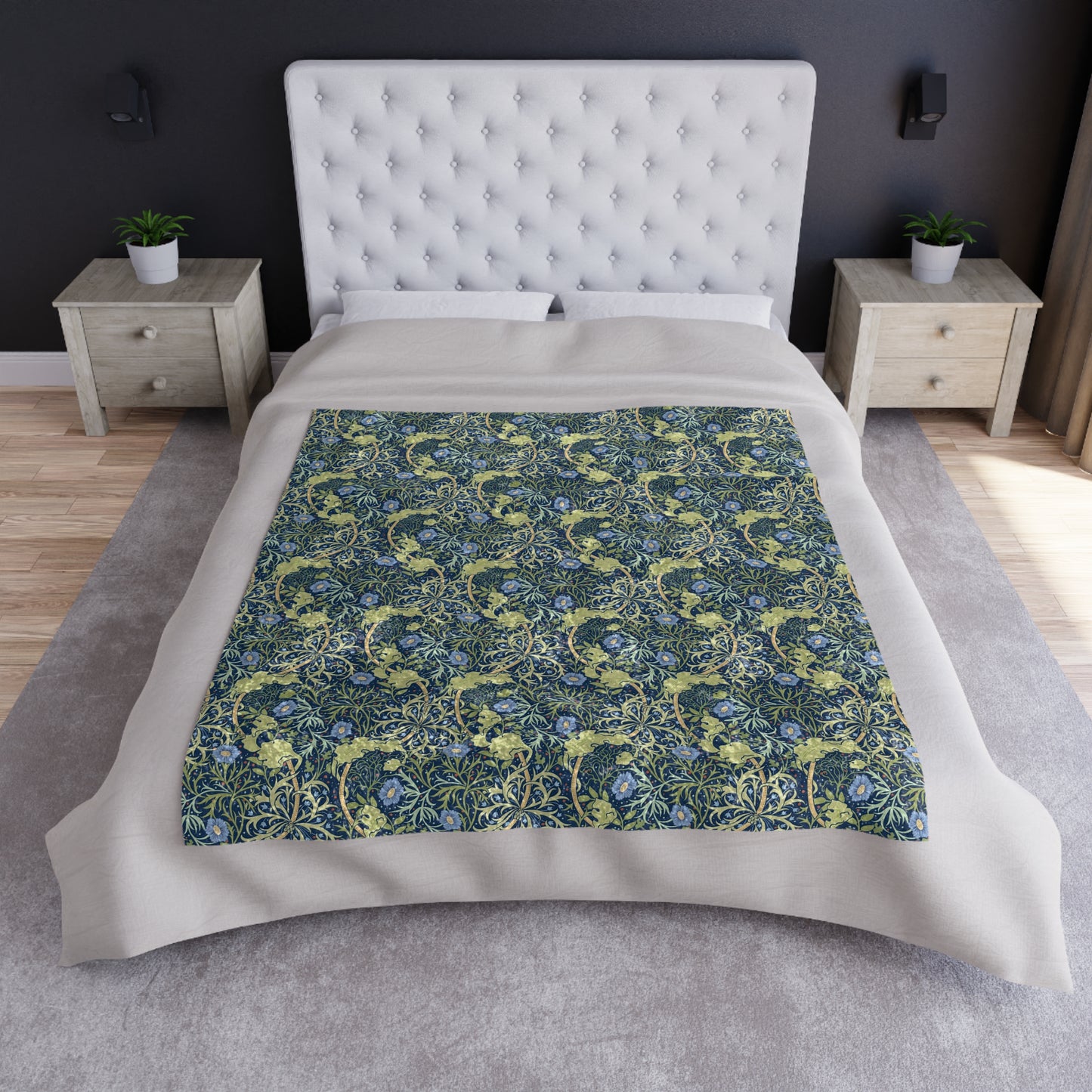 Velvet Blanket inspired by William Morris - Seaweed Collection (Blue Flower)