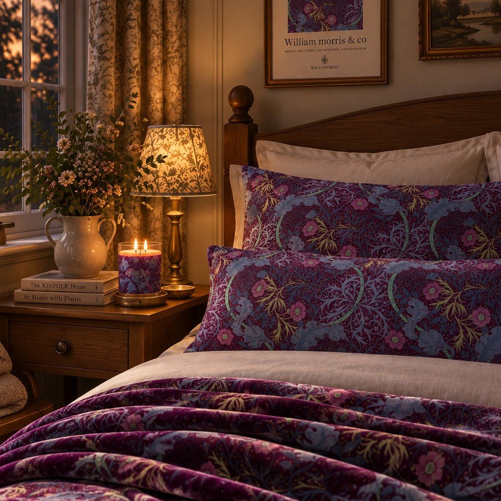A cozy bedroom scene with a bed dressed in rich purple and blue floral patterned bedding, including a duvet cover and matching pillowcases, styled with a lit candle, bedside lamp, flowers, and warm wood furniture.