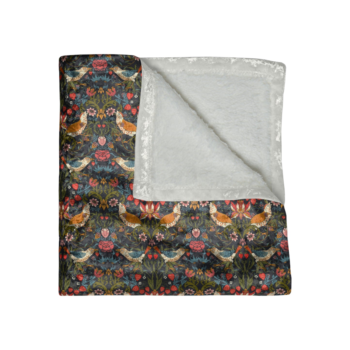 A plush velvet blanket with a floral pattern in shades of black, gray, and white, featuring crushed texture and hemmed edges.