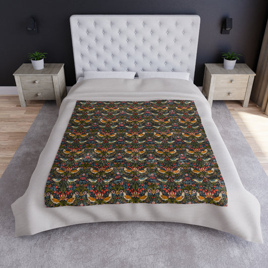 Bed with floral patterned blanket in a bedroom setting