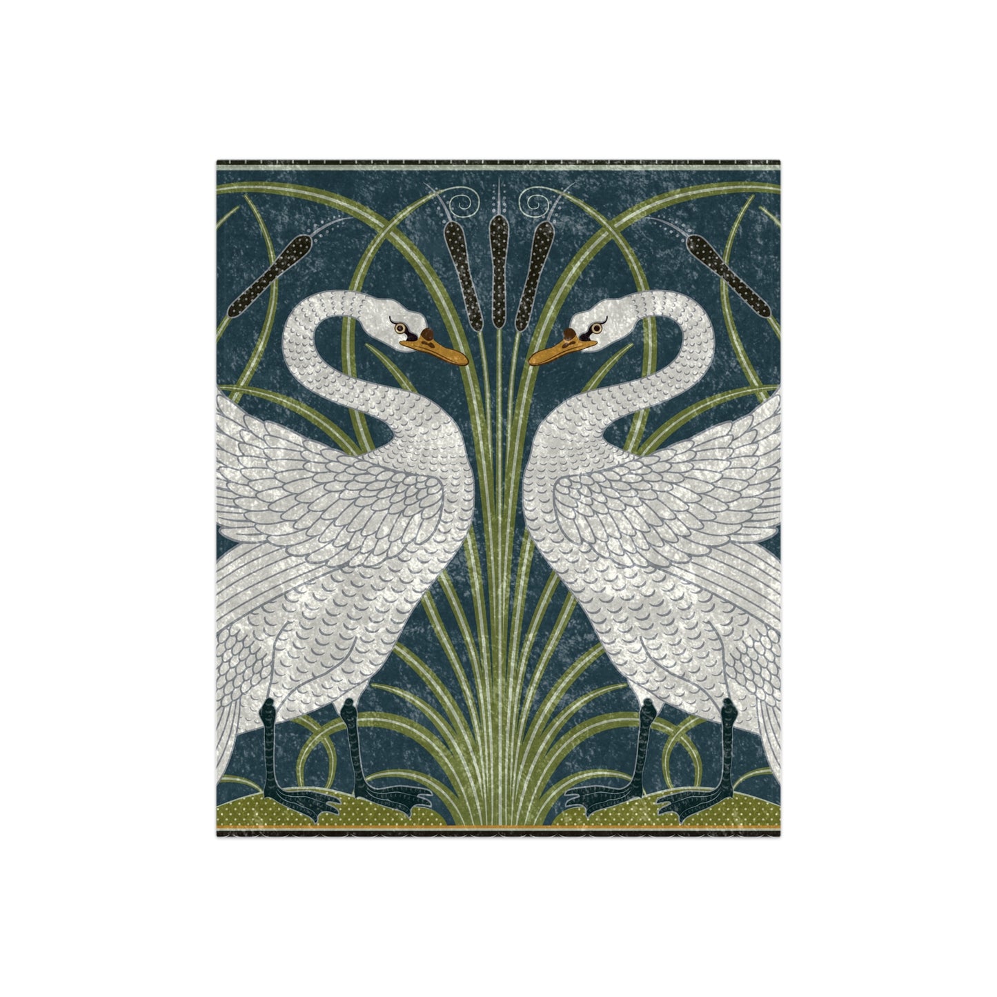 A luxurious crushed velvet blanket featuring a design of white swans and green foliage on a dark blue background, with hemmed edges for a smooth finish.