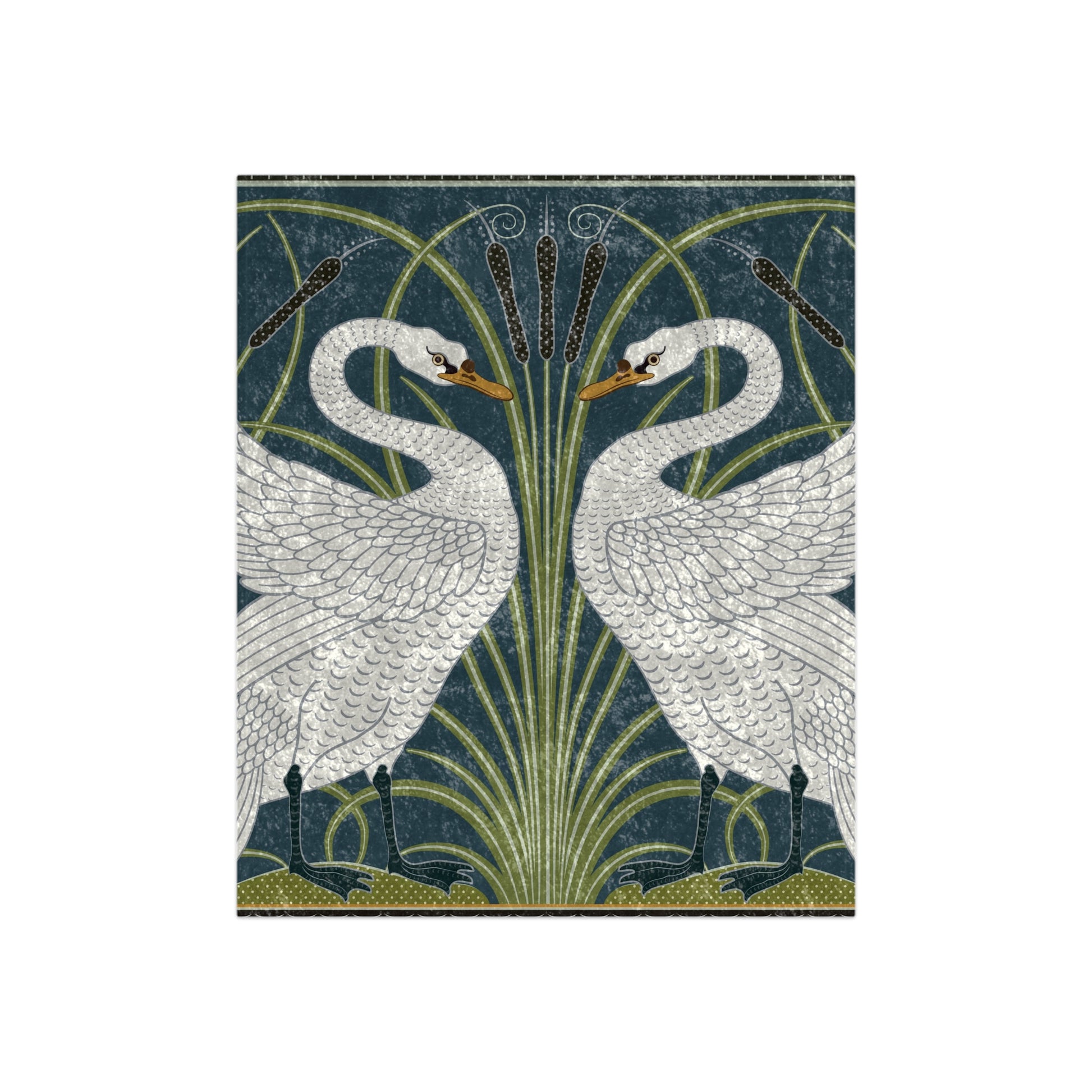 A luxurious crushed velvet blanket featuring a design of white swans and green foliage on a dark blue background, with hemmed edges for a smooth finish.