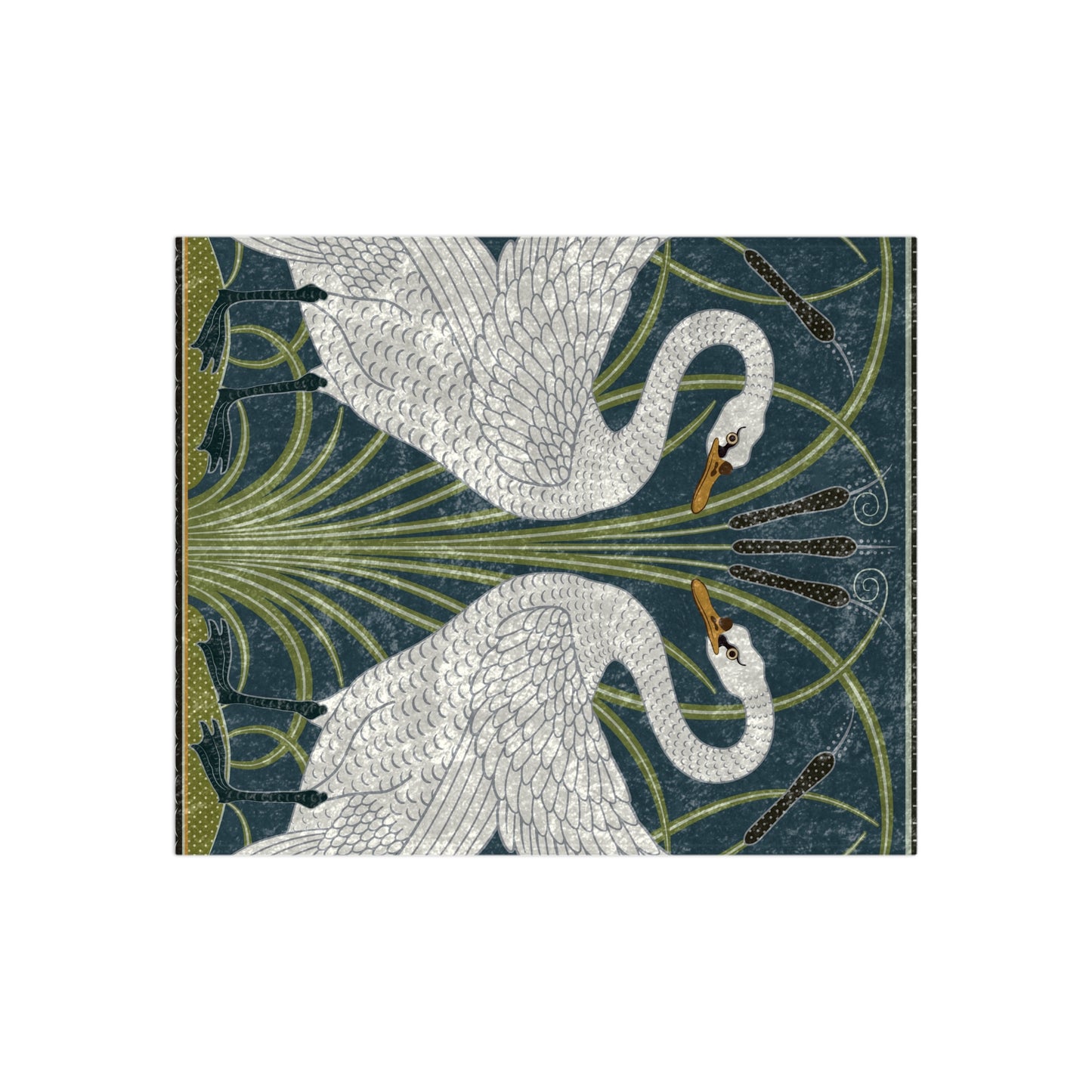A lush crushed velvet blanket with a pattern inspired by William Morris, featuring a white swan design on a blue background, folded open to show the silky finish.