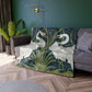 A lush crushed velvet blanket with a pattern inspired by William Morris, featuring a white swan design on a blue background, folded open to show the silky finish.