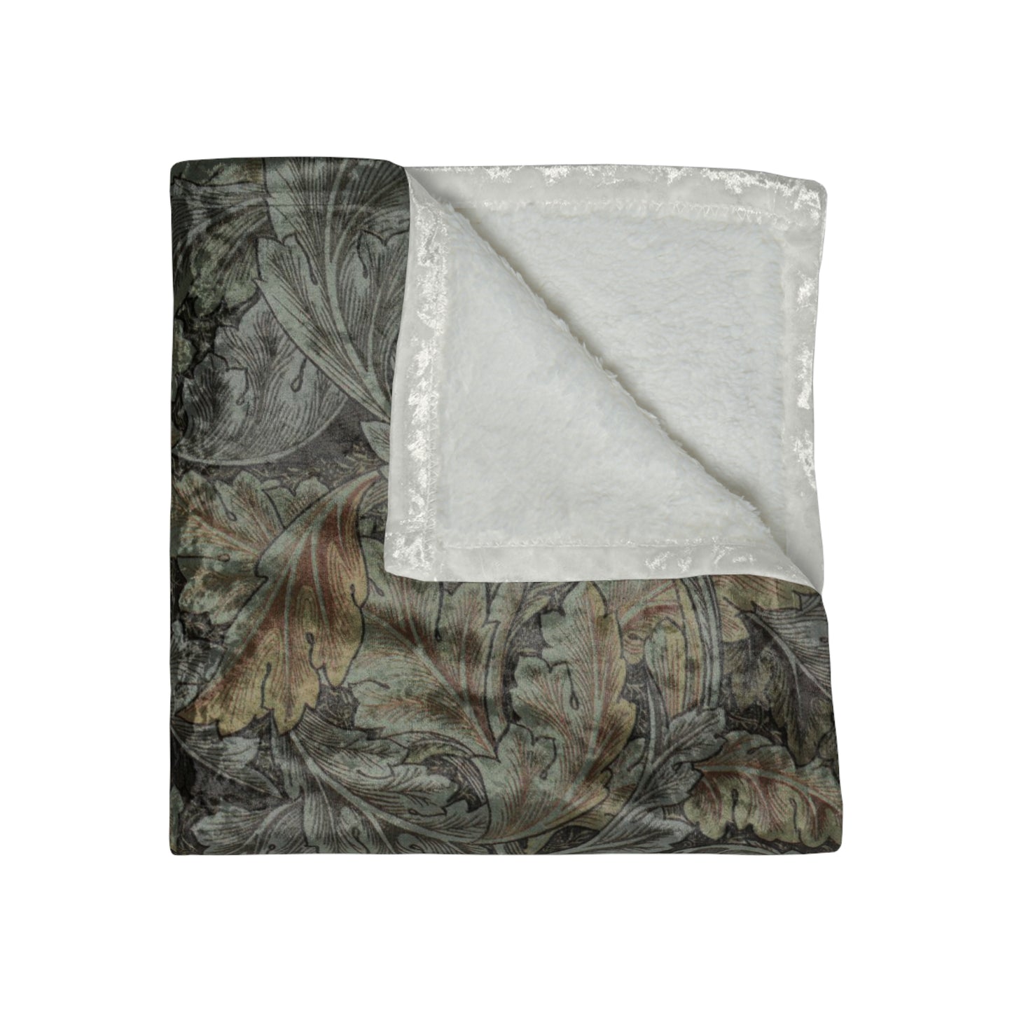 A plush, gray crushed velvet blanket with a floral pattern, folded to show both the right and wrong sides, with the soft, silky texture visible.
