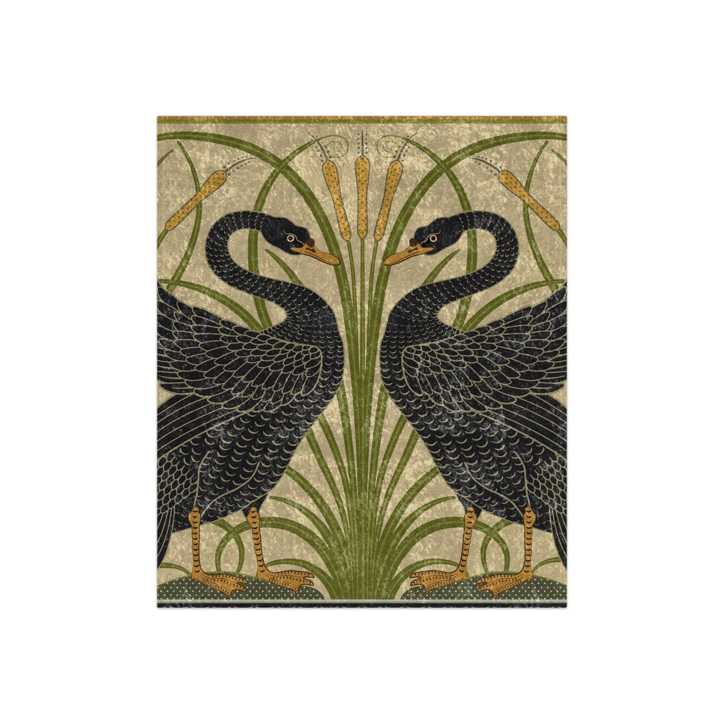 A luxurious blanket with a design of two black swans on a green and gold background, inspired by William Morris.