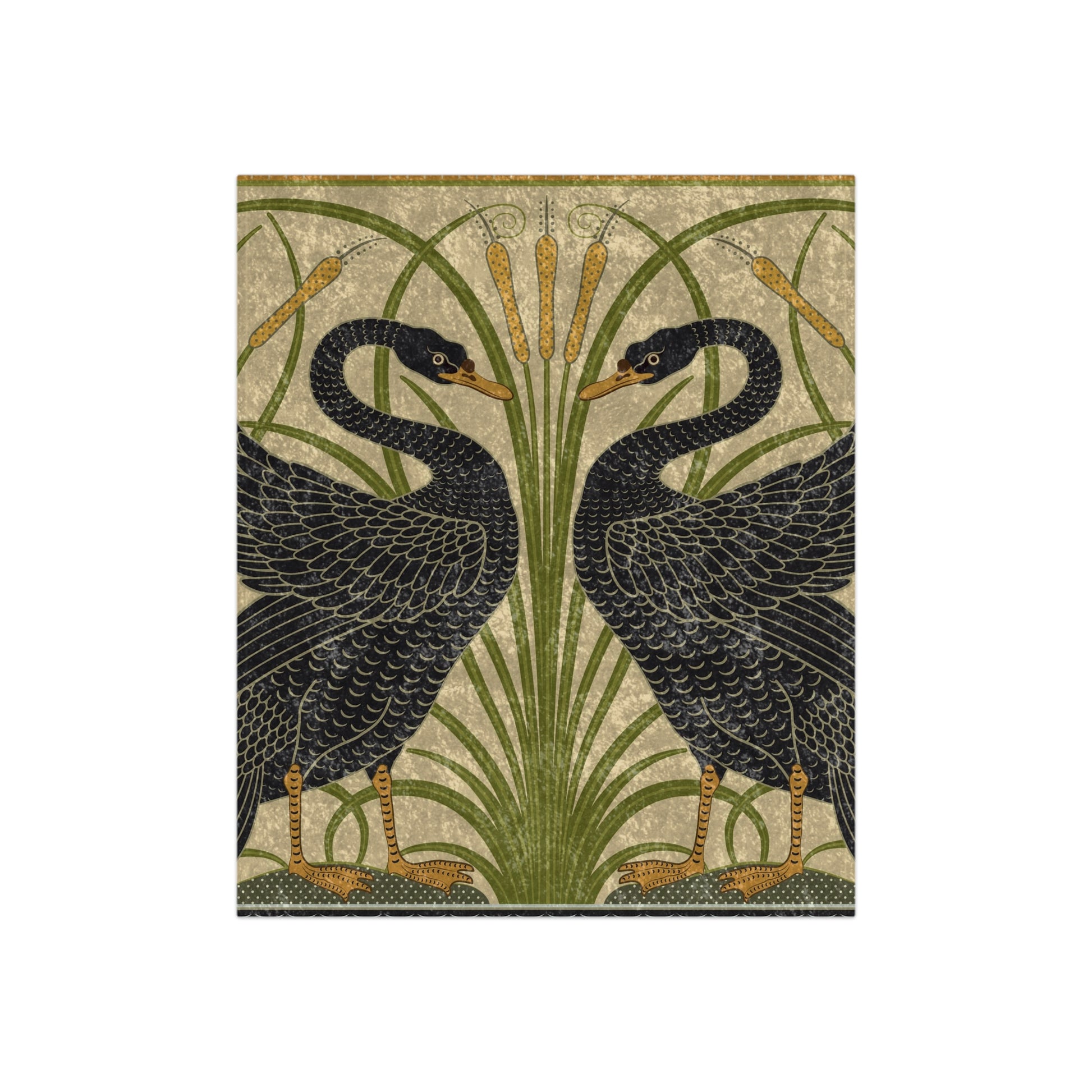 A luxurious blanket with a design of two black swans on a green and gold background, inspired by William Morris.