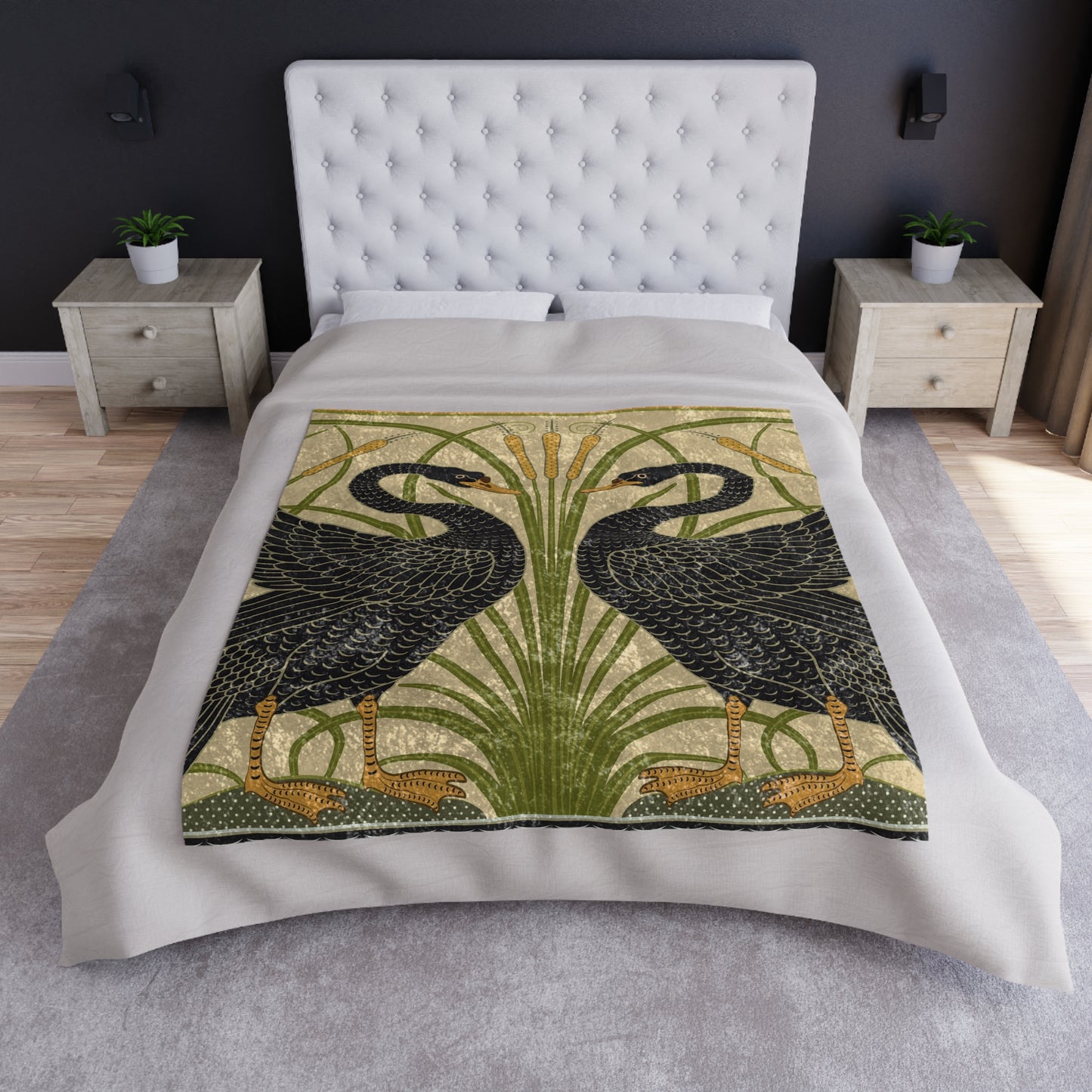 A crushed velvet blanket with a floral pattern in muted colors, featuring a design inspired by William Morris' art.