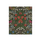A lush crushed velvet blanket with a floral pattern in green, red, and blue colors, inspired by William Morris.