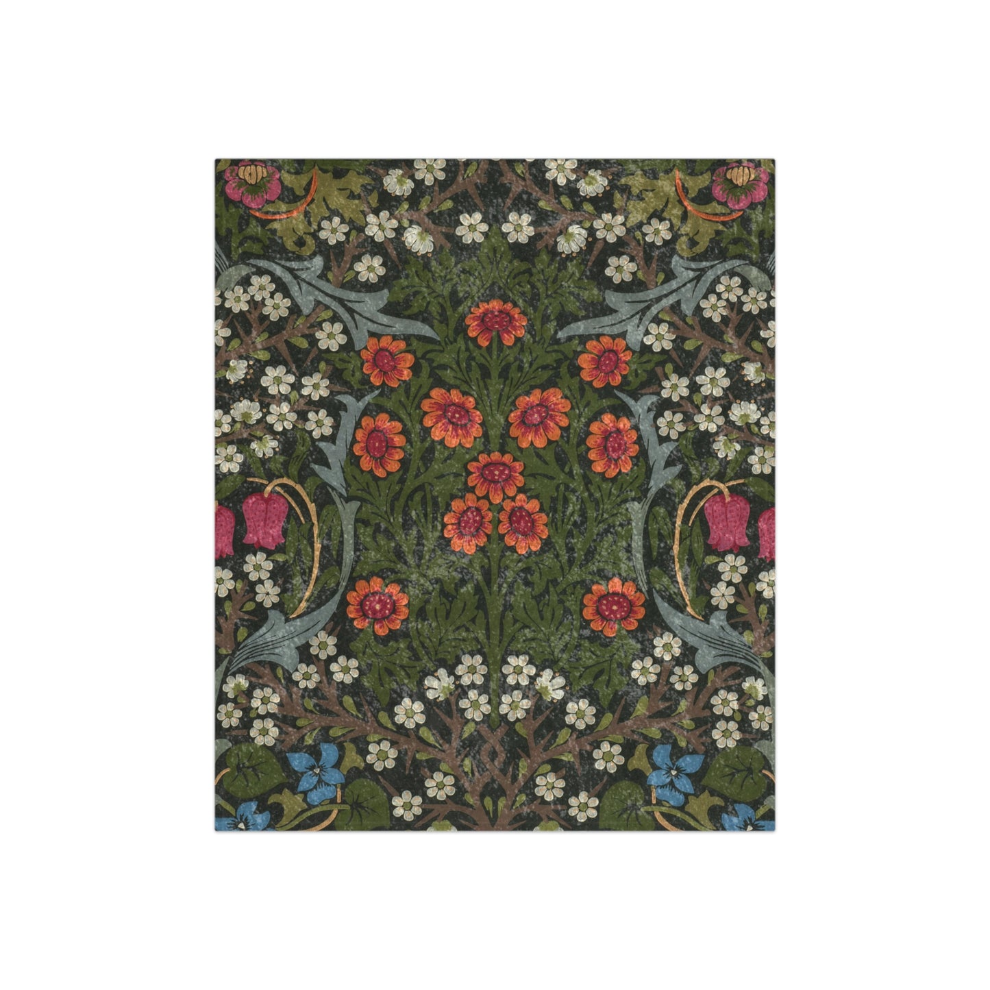 A lush crushed velvet blanket with a floral pattern in green, red, and blue colors, inspired by William Morris.