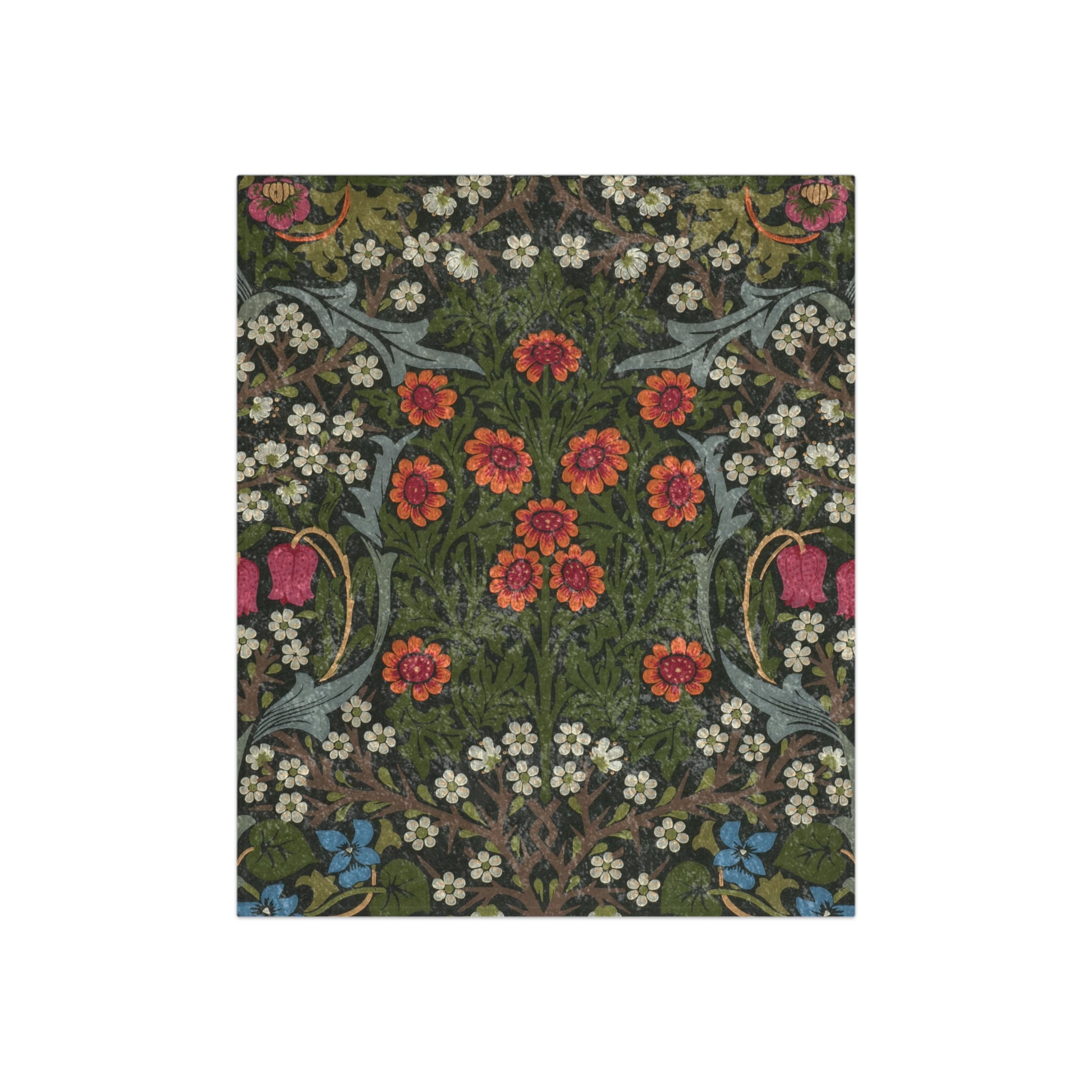A lush crushed velvet blanket with a floral pattern in green, red, and blue colors, inspired by William Morris.
