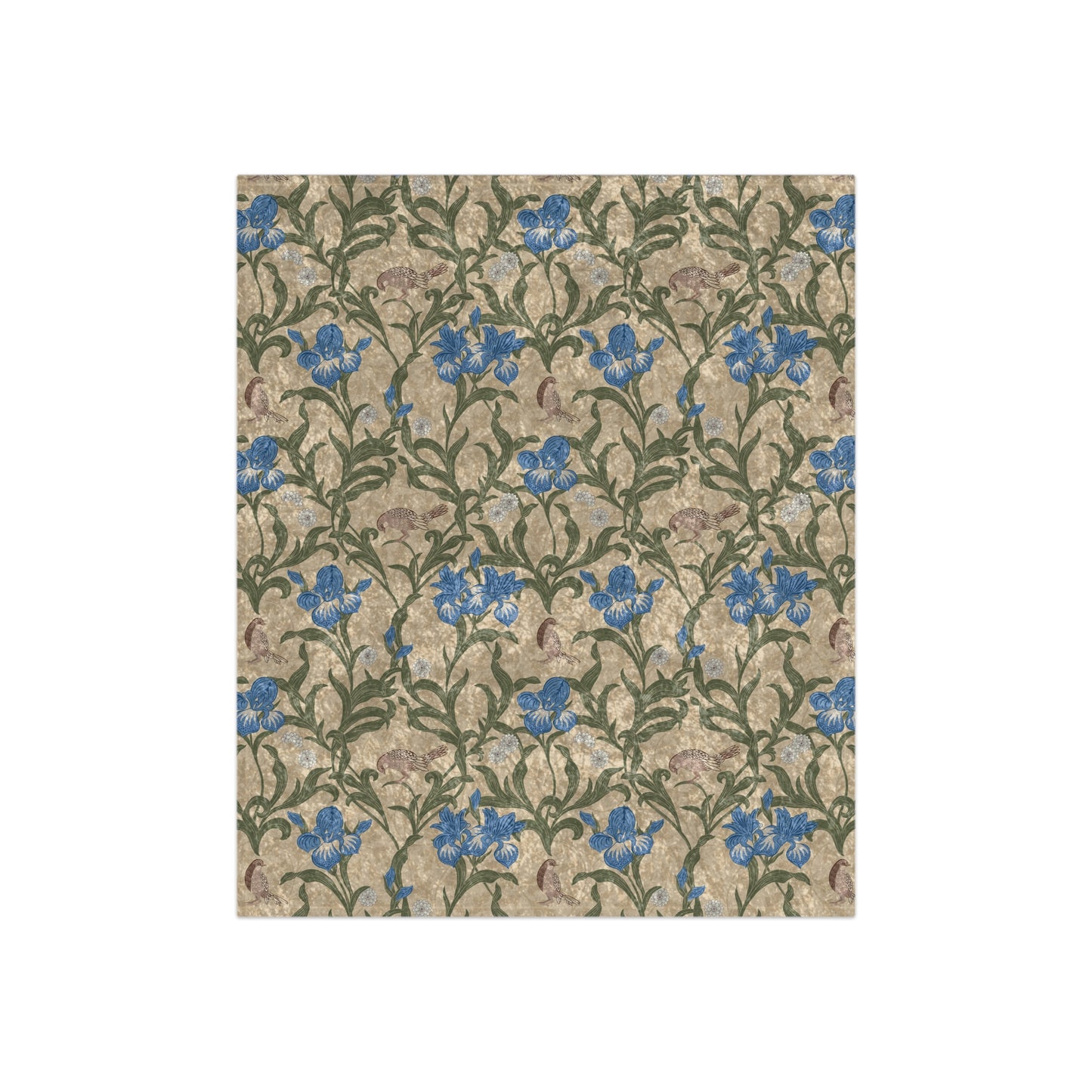 A plush velvet blanket with a floral William Morris & Co pattern in blue and yellow colours on a beige background, displayed on a flat surface.