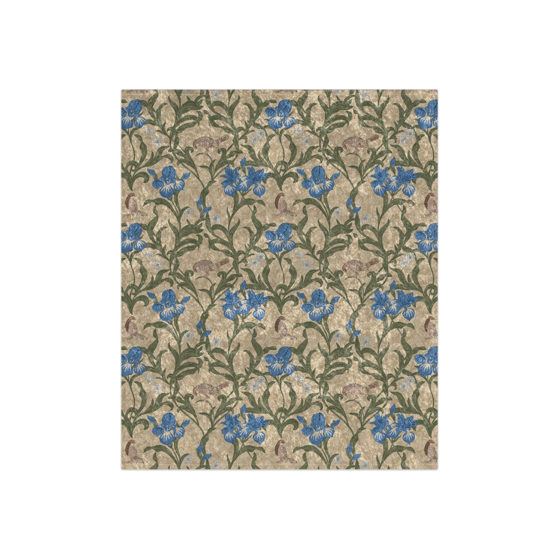 A plush velvet blanket with a floral William Morris & Co pattern in blue and yellow colours on a beige background, displayed on a flat surface.