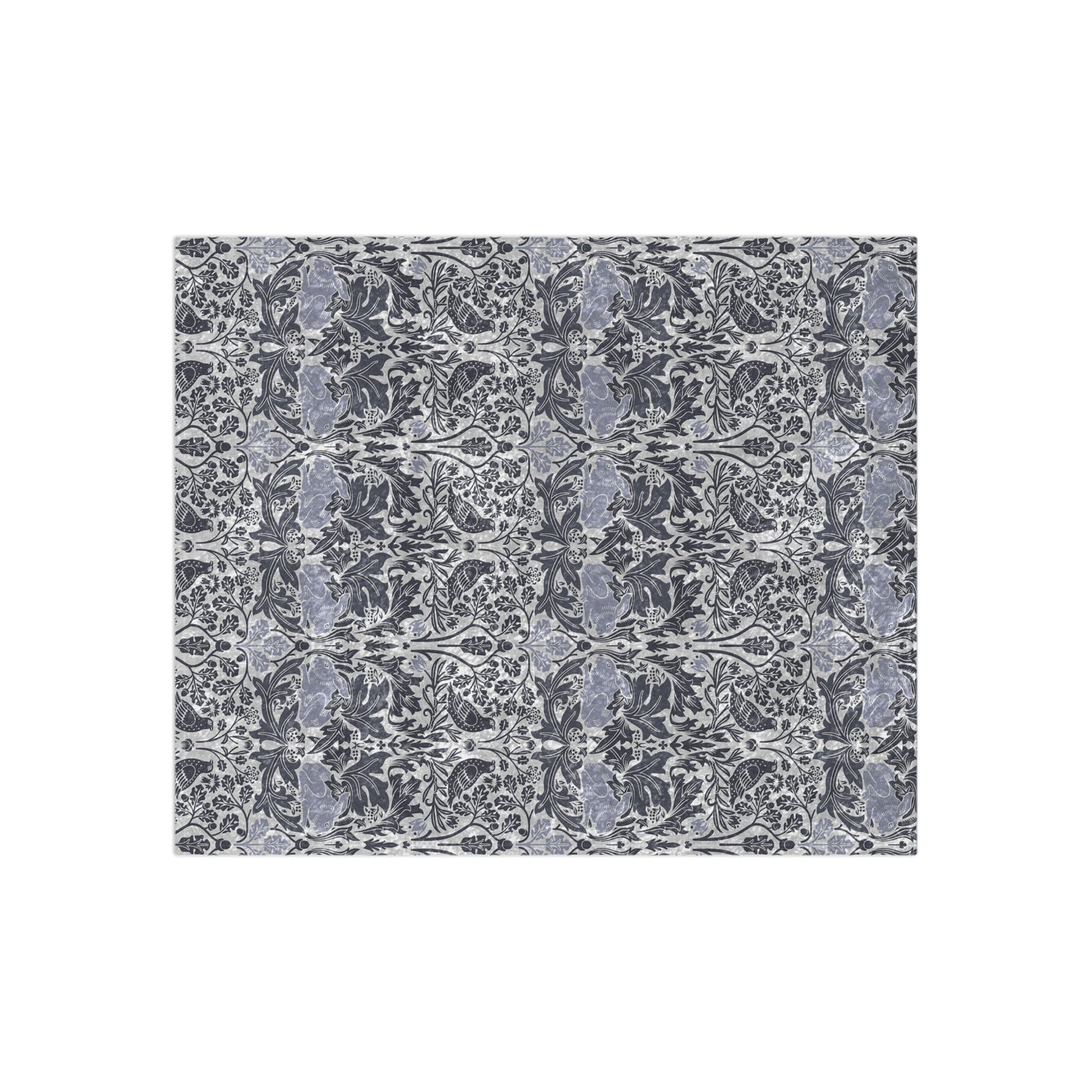 Patterned fabric swatch with blue and gray design on a white background