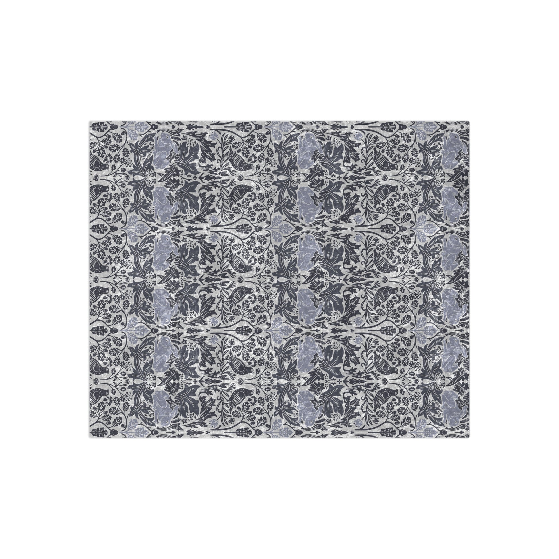 Patterned fabric swatch with blue and gray design on a white background