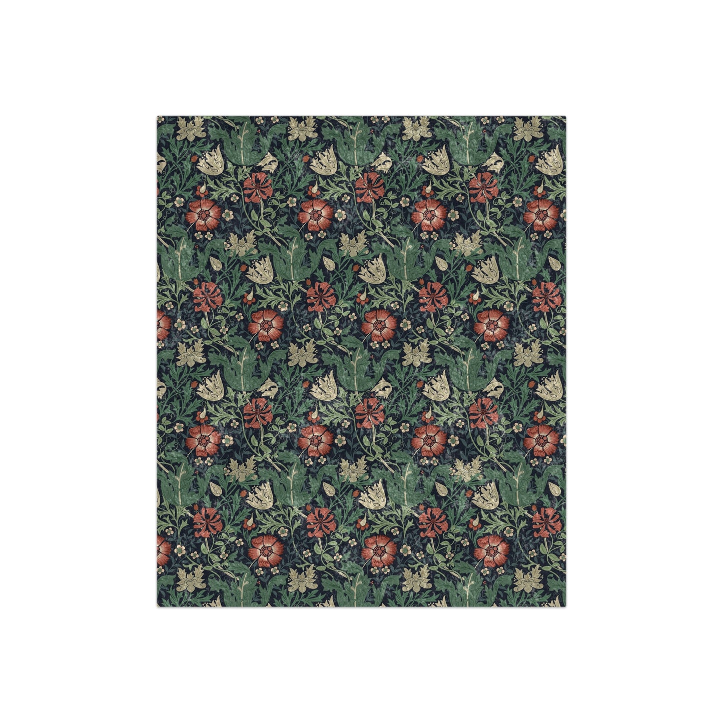 A lush crushed velvet blanket with a William Morris & Co floral pattern in green, red, and brown colours, displayed on a white background.