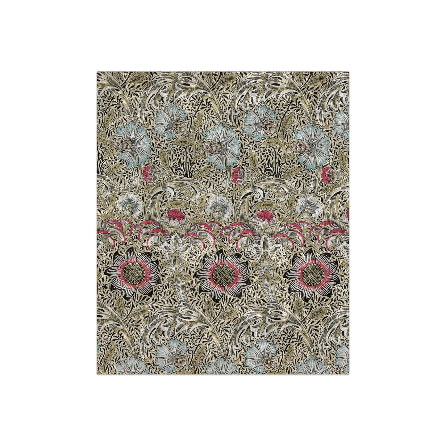 A lush crushed velvet blanket with a floral pattern in corncockle colors, hemmed edges, and a silky finish.