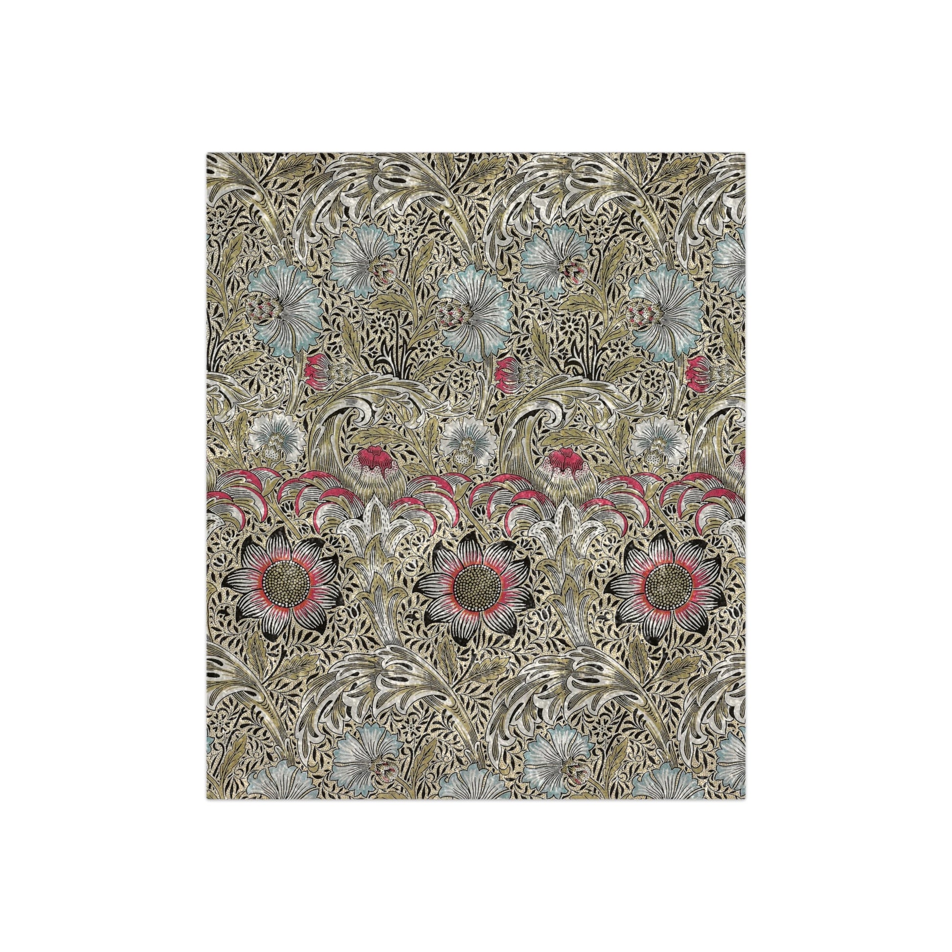 A lush crushed velvet blanket with a floral pattern in corncockle colors, hemmed edges, and a silky finish.