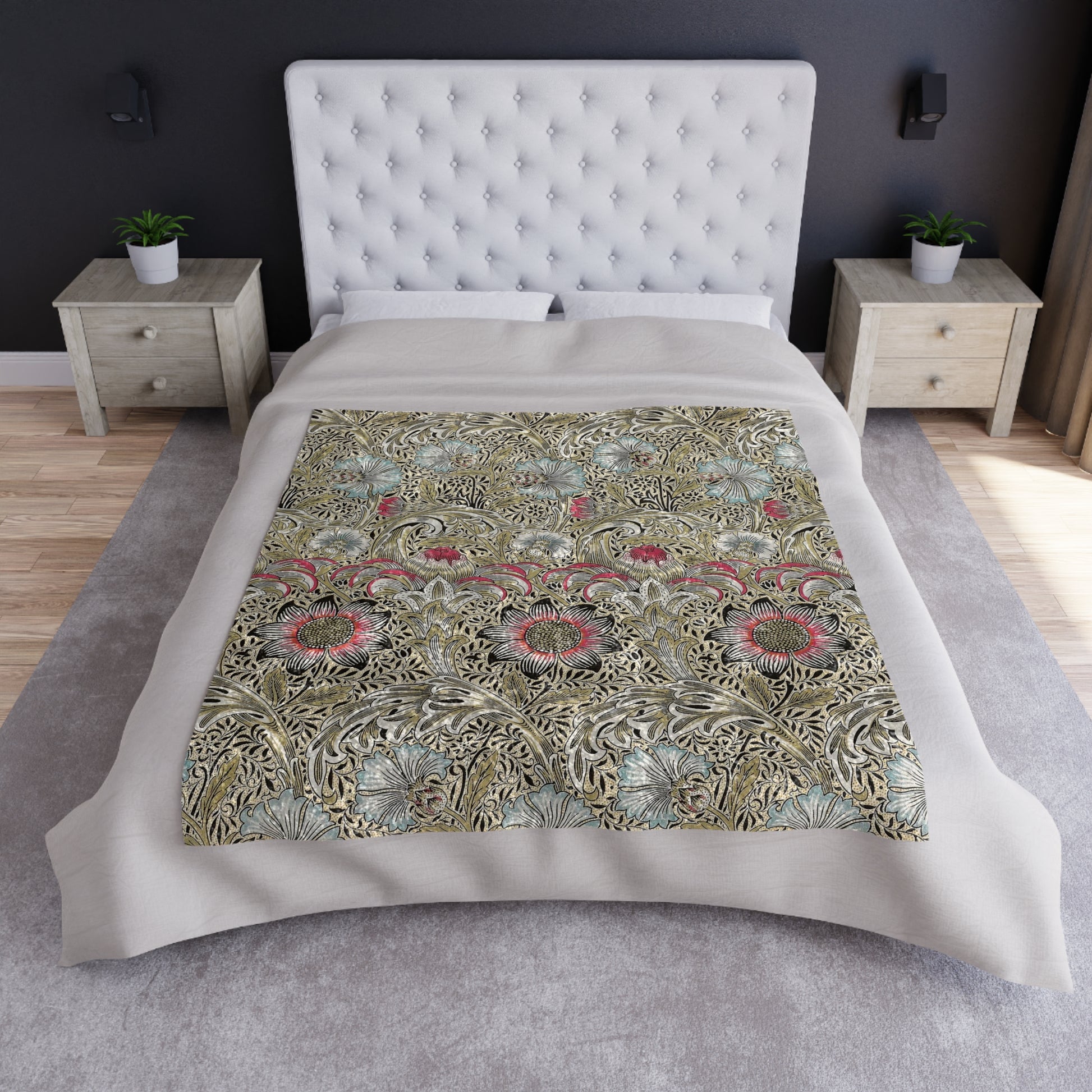 A lush crushed velvet blanket with a William Morris & Co floral pattern inspired by William Morris, in multicolor, with a silky finish.