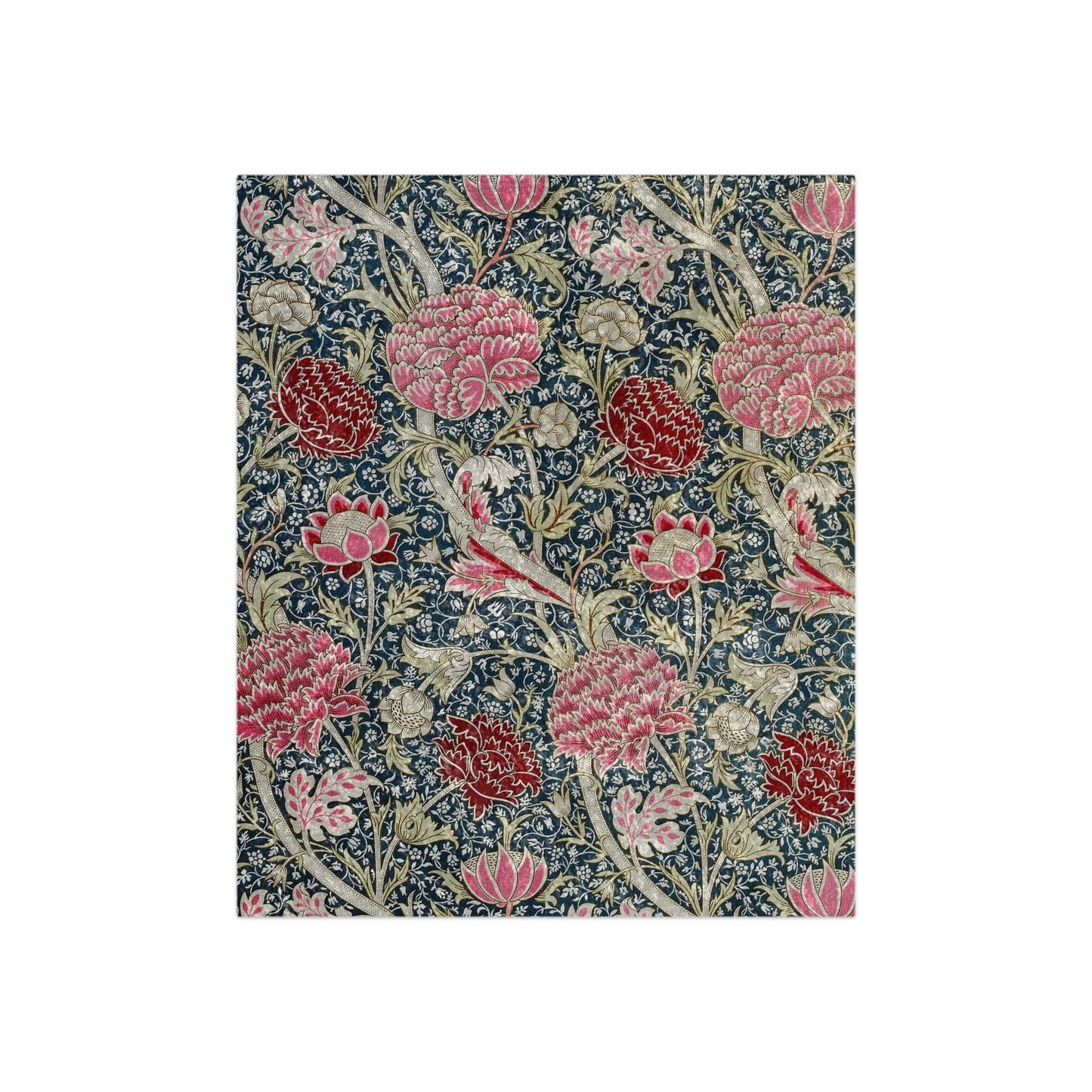 A floral patterned crushed velvet blanket in shades of pink and green on a dark background, with hemmed edges and a silky finish.