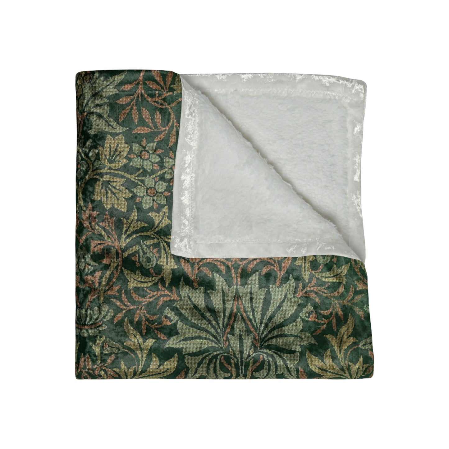 A lush crushed velvet blanket with a floral William Morris & Co pattern in green and brown colours, displayed on a white background.