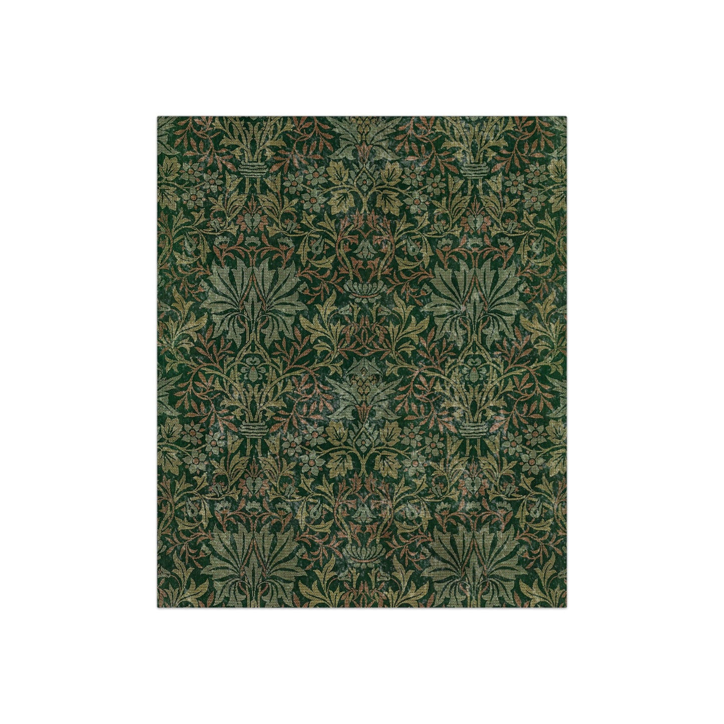 A lush crushed velvet blanket with a floral pattern in green and brown colors.
