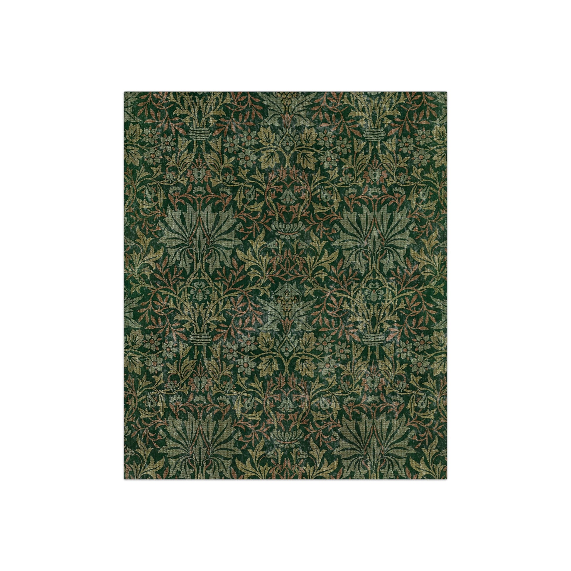 A lush crushed velvet blanket with a floral pattern in green and brown colors.
