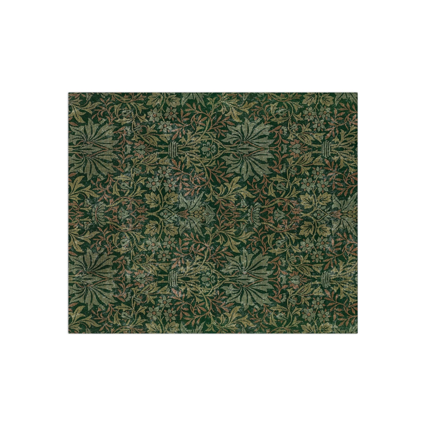 A lush crushed velvet blanket with a floral William Morris & Co pattern in green and brown colours, displayed on a white background.