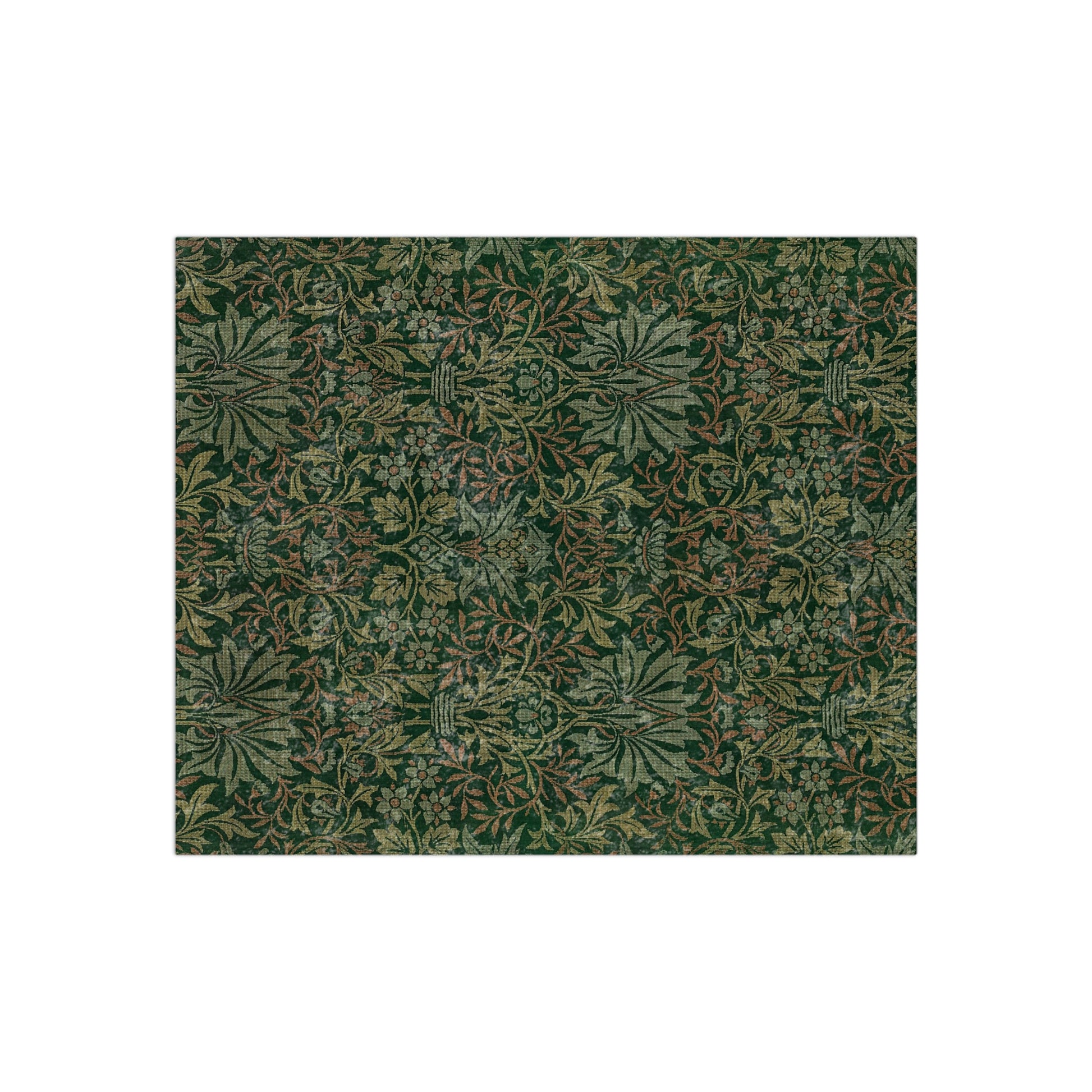 A lush crushed velvet blanket with a floral William Morris & Co pattern in green and brown colours, displayed on a white background.