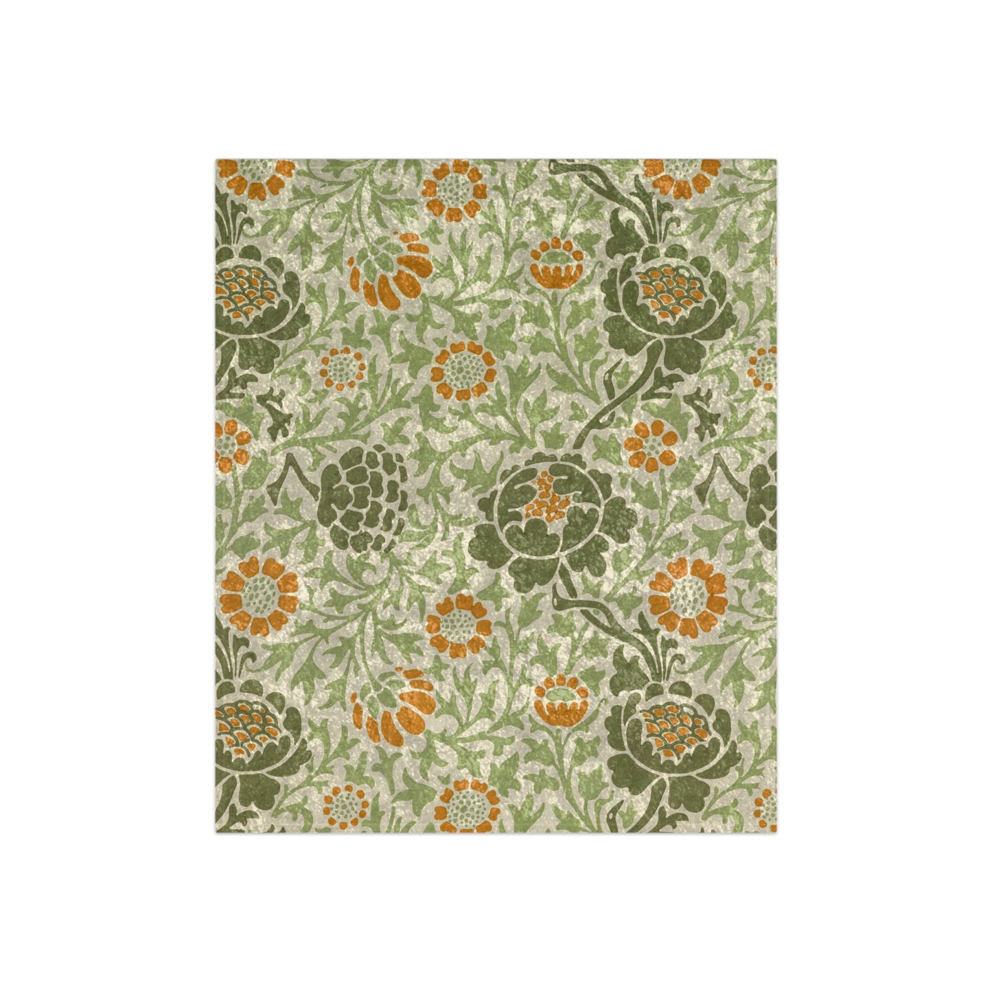 A lush crushed velvet blanket with a floral pattern in green and orange colors from the Grafton Collection inspired by William Morris.