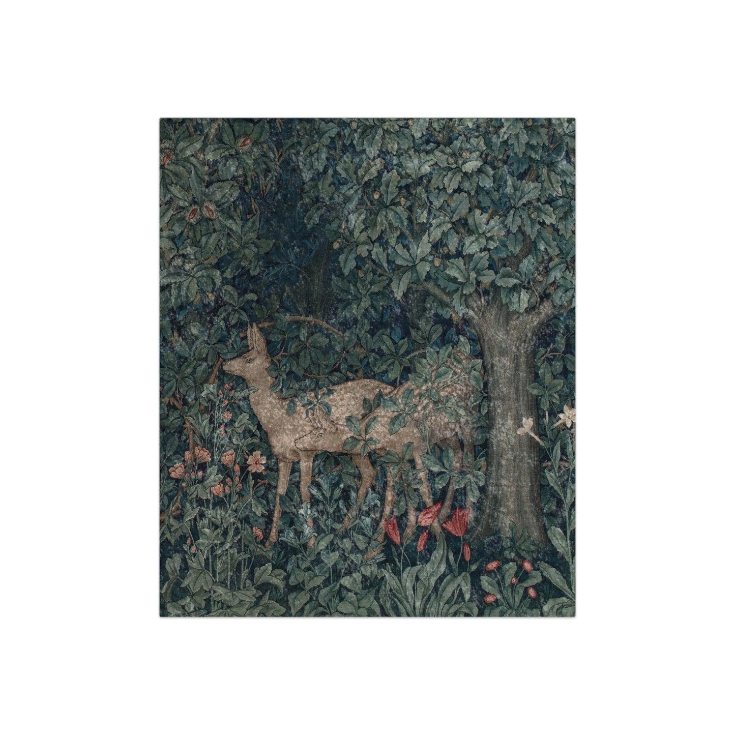 A woven velvet blanket featuring a green and brown design with a central deer motif, inspired by the art of William Morris.