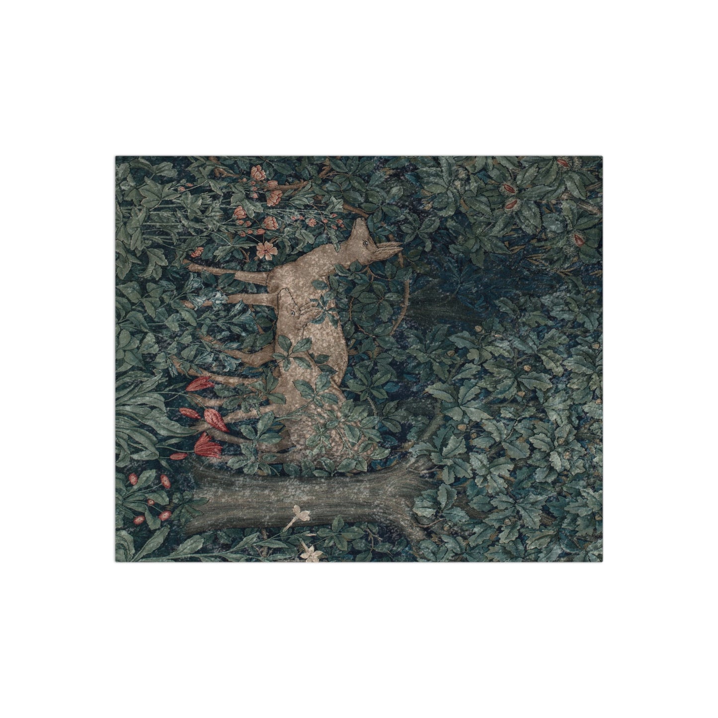 A lush crushed velvet blanket with a greenery design, inspired by William Morris, with hemmed edges and a silky finish.