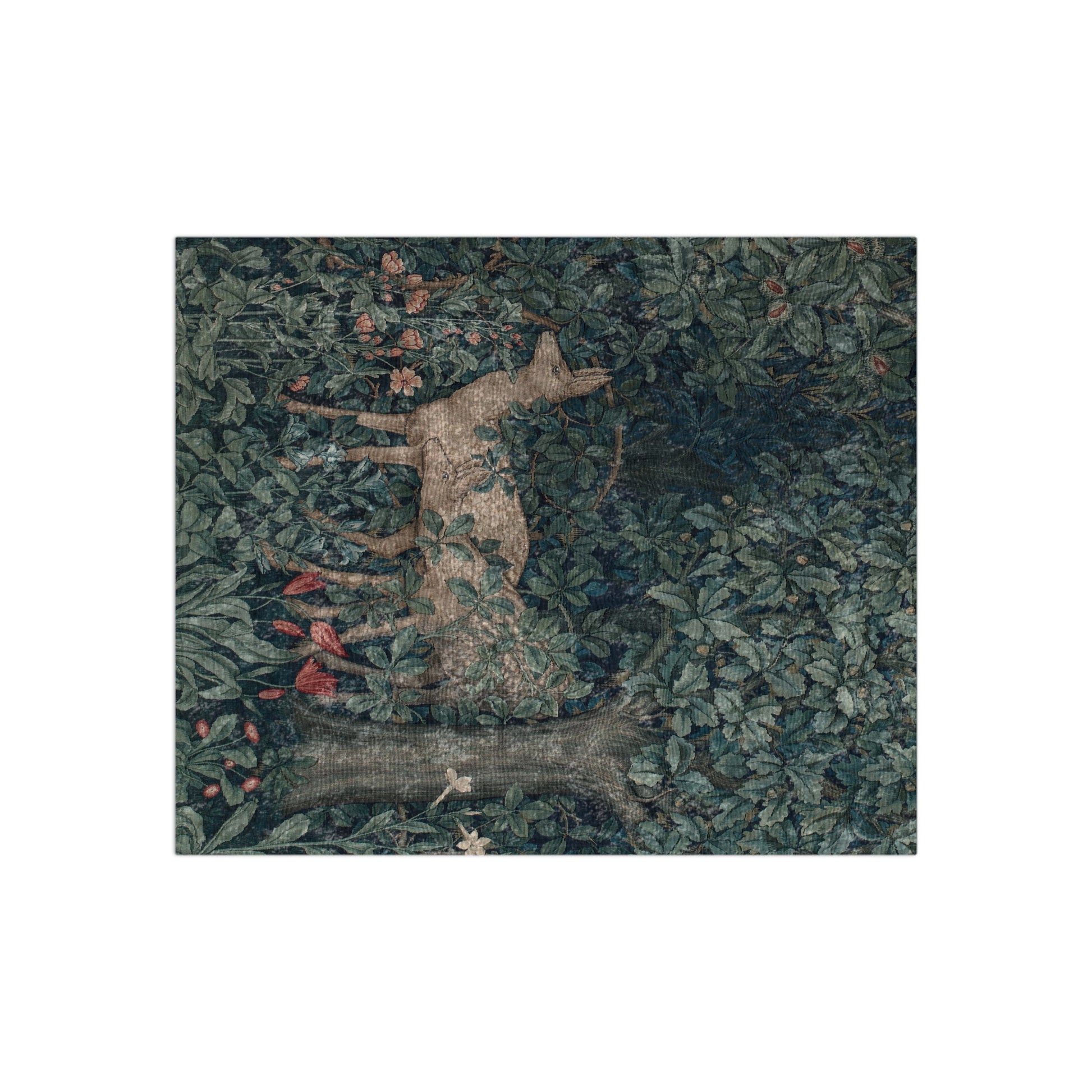 A lush crushed velvet blanket with a greenery design, inspired by William Morris, with hemmed edges and a silky finish.