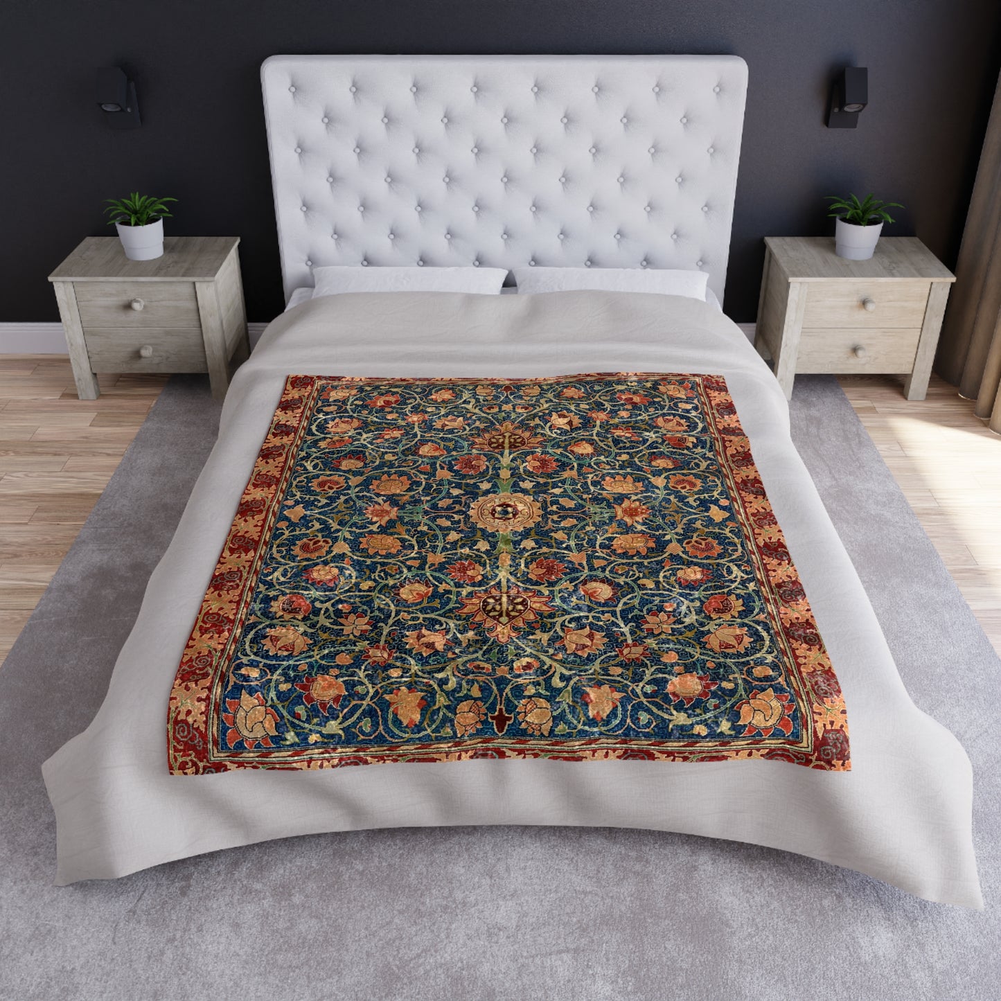 A lush crushed velvet blanket with a William Morris & Co floral pattern in rich colours, hemmed edges and a silky finish.