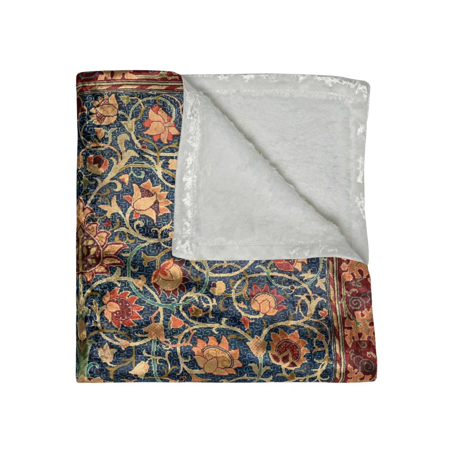 A lush crushed velvet blanket with a William Morris & Co floral pattern in rich colours, hemmed edges and a silky finish.