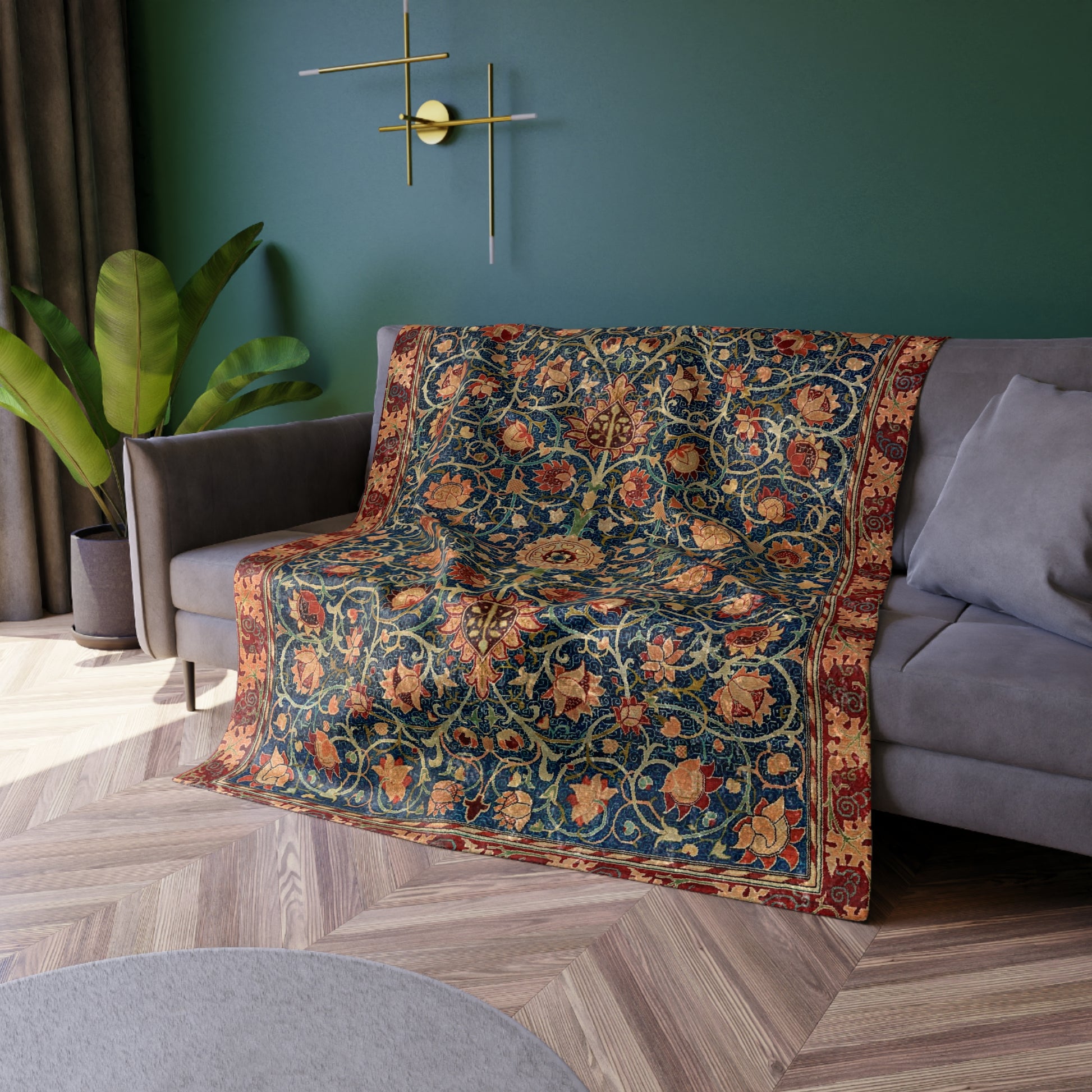 A lush crushed velvet blanket with a William Morris & Co floral pattern in rich colours, hemmed edges and a silky finish.