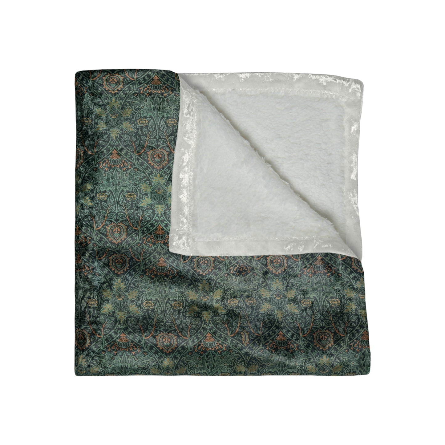 A lush crushed velvet blanket with a William Morris & Co floral pattern in green and brown shades, displayed on a white background.