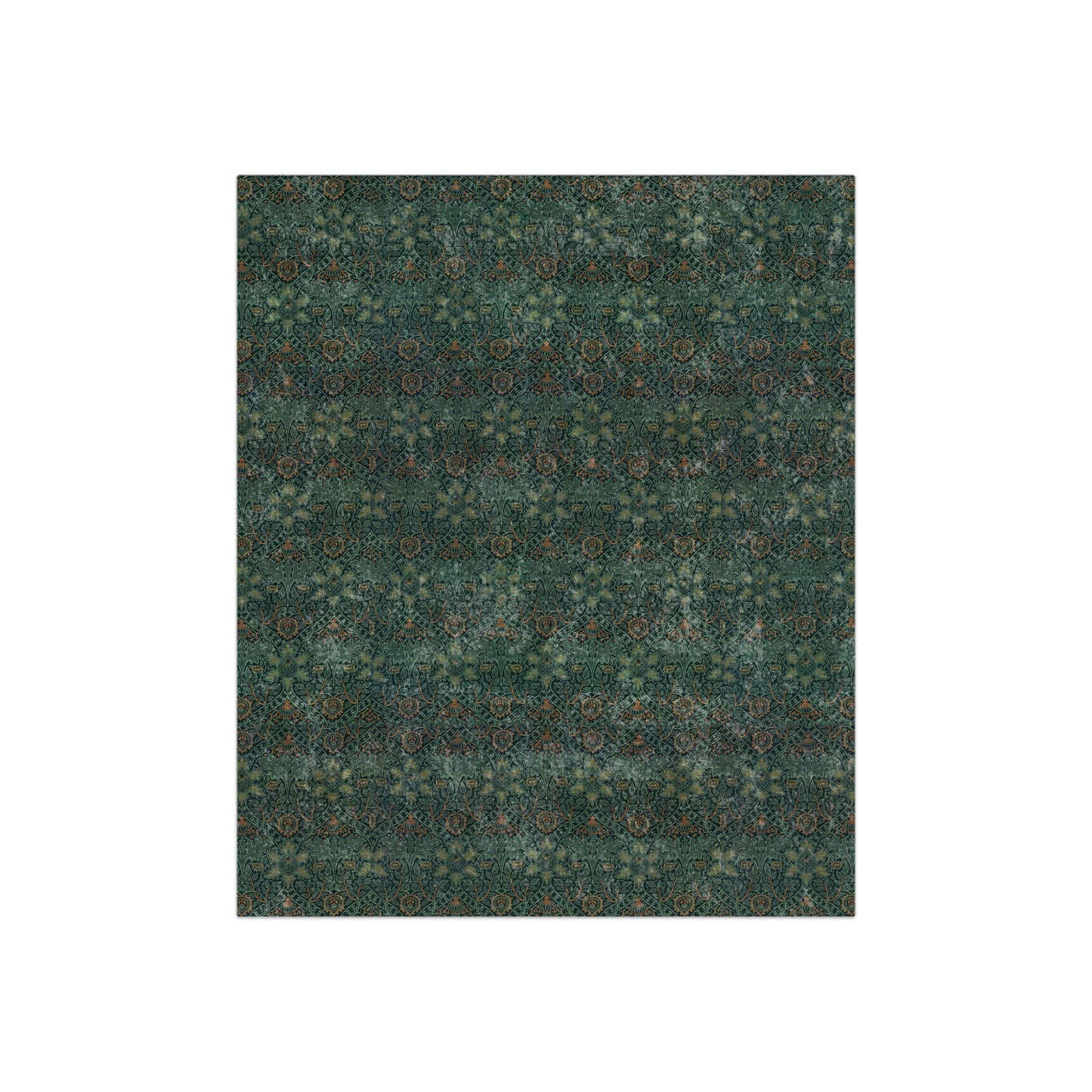 A close-up image of a green velvet blanket with a floral pattern, inspired by William Morris - Ispahan Collection.