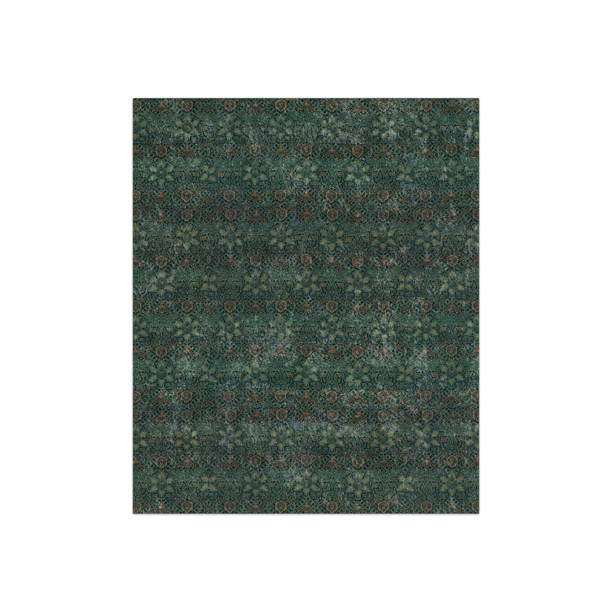 A close-up image of a green velvet blanket with a floral pattern, inspired by William Morris - Ispahan Collection.