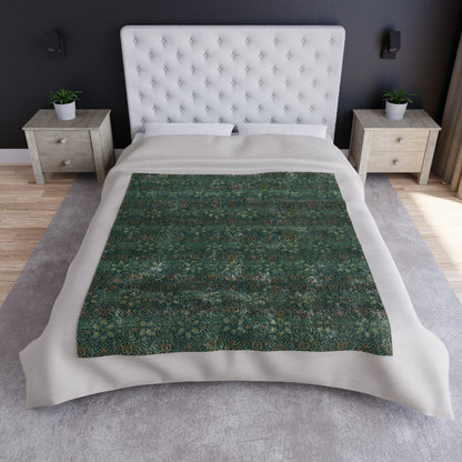 A lush crushed velvet blanket with a floral pattern in green and brown shades, displayed on a white background.
