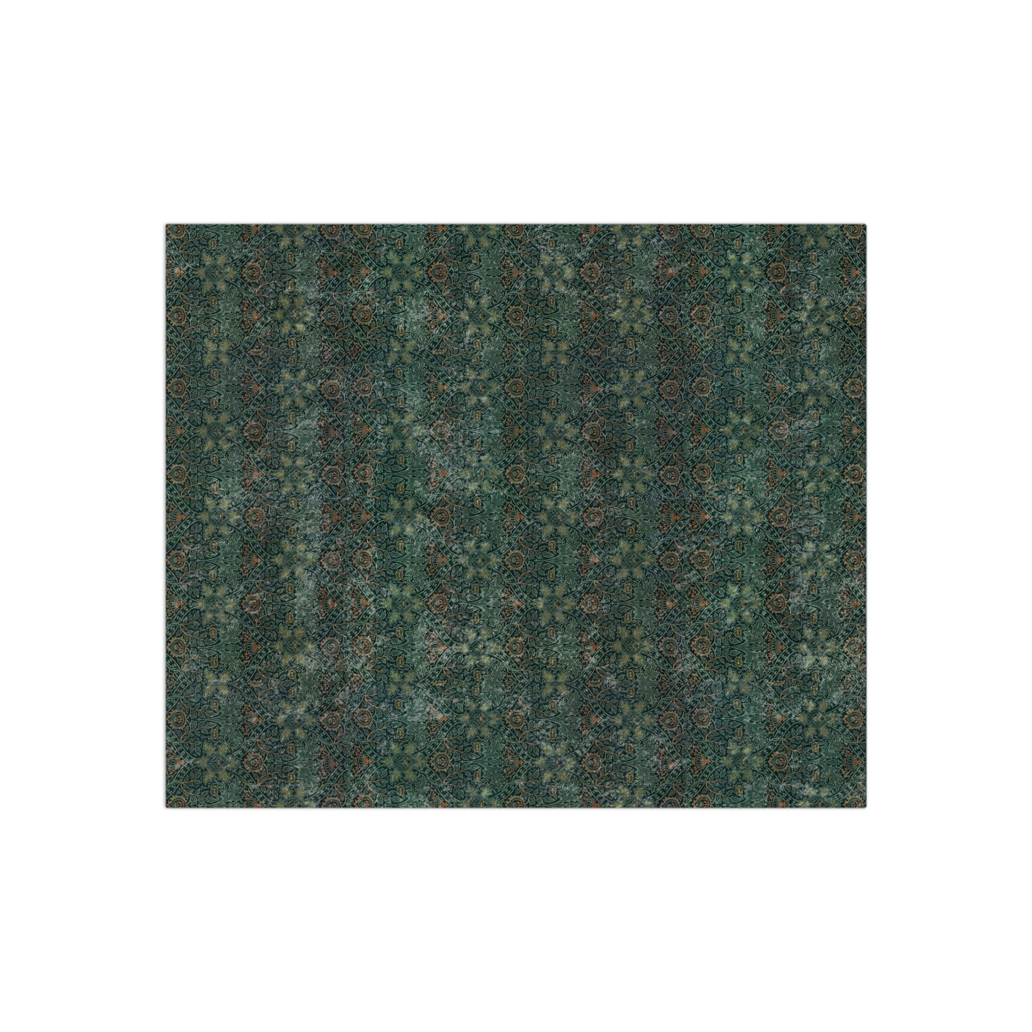 A lush crushed velvet blanket with a William Morris & Co floral pattern in green and brown shades, displayed on a white background.