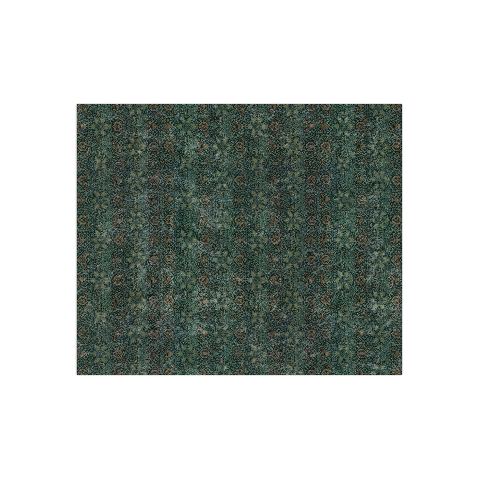 A lush crushed velvet blanket with a William Morris & Co floral pattern in green and brown shades, displayed on a white background.